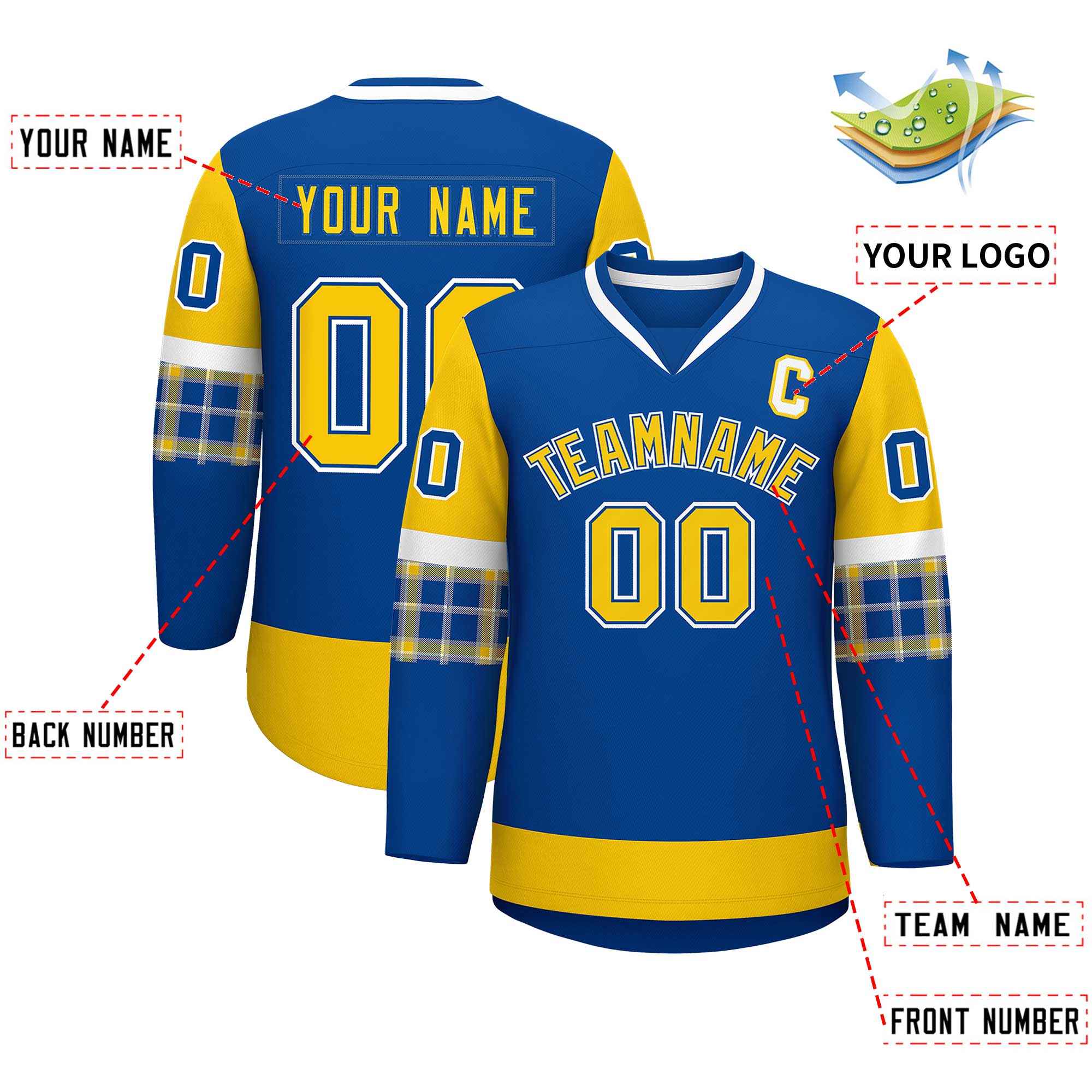 Custom Royal Gold-White Personalized Raglan Sleeves V-Neck Hockey Jersey