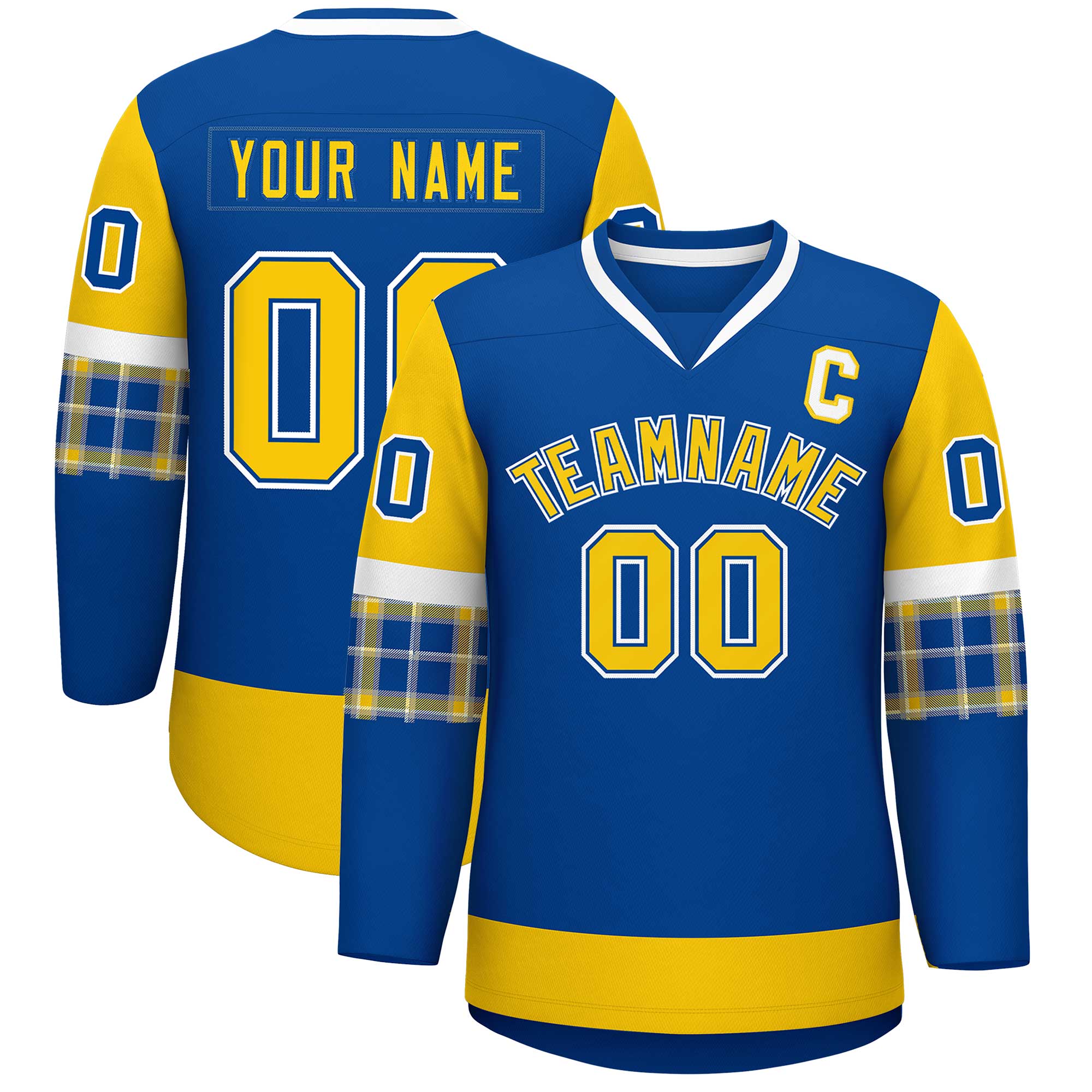 Custom Royal Gold-White Personalized Raglan Sleeves V-Neck Hockey Jersey