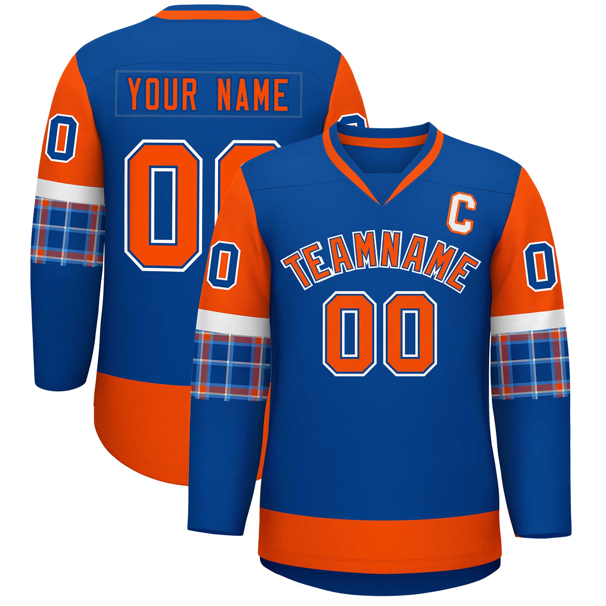 Custom Royal Orange-White Personalized Raglan Sleeves V-Neck Hockey Jersey