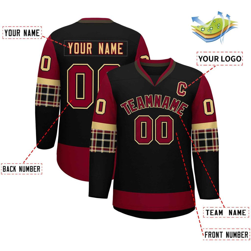 Custom Black Crimson-Khaki Personalized Raglan Sleeves V-Neck Hockey Jersey