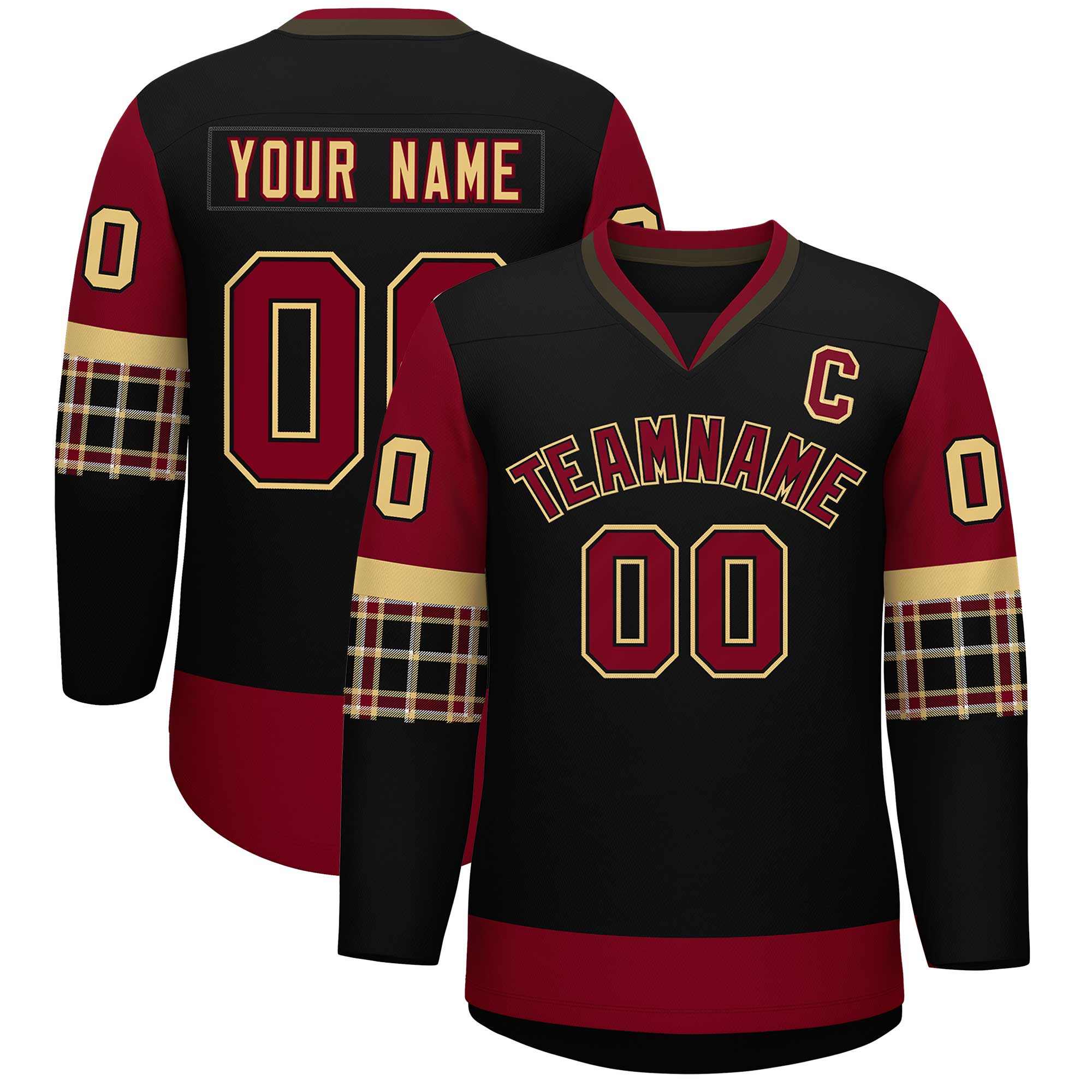 Custom Black Crimson-Khaki Personalized Raglan Sleeves V-Neck Hockey Jersey