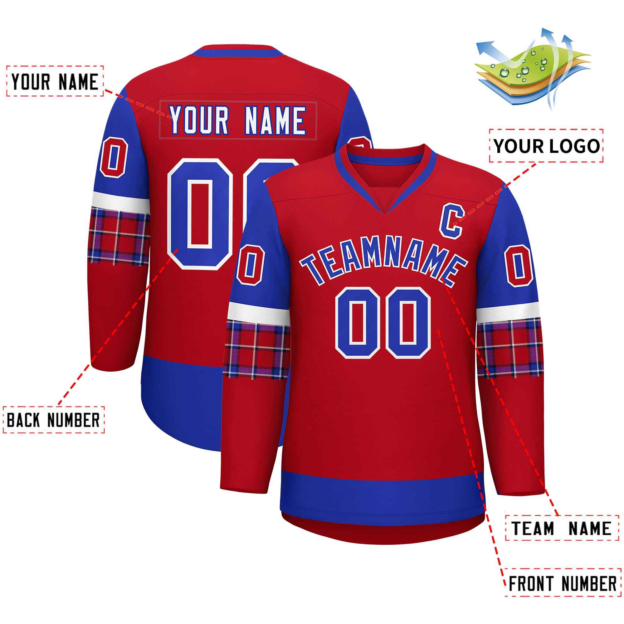 Custom Red Royal-White Personalized Raglan Sleeves V-Neck Hockey Jersey