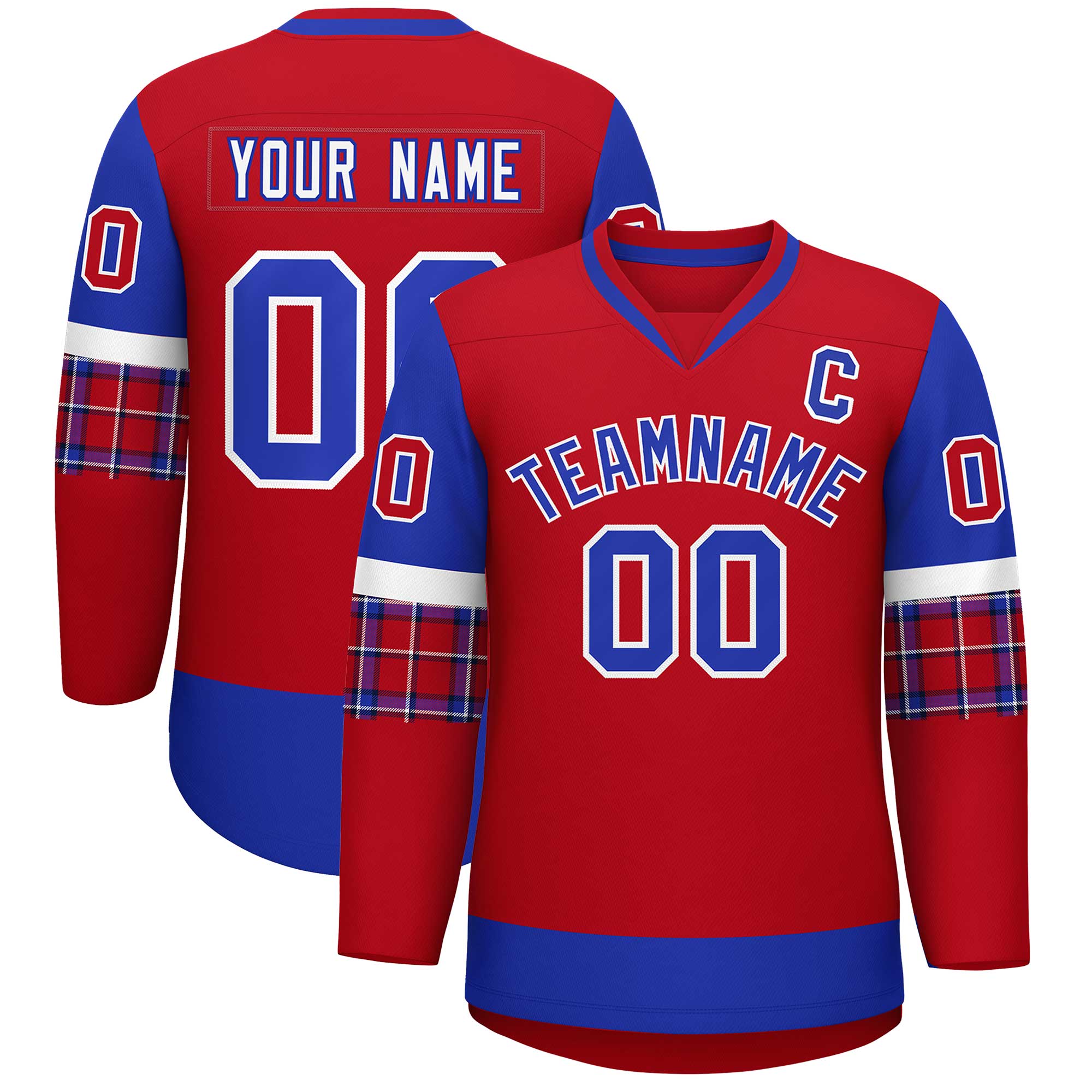 Custom Red Royal-White Personalized Raglan Sleeves V-Neck Hockey Jersey
