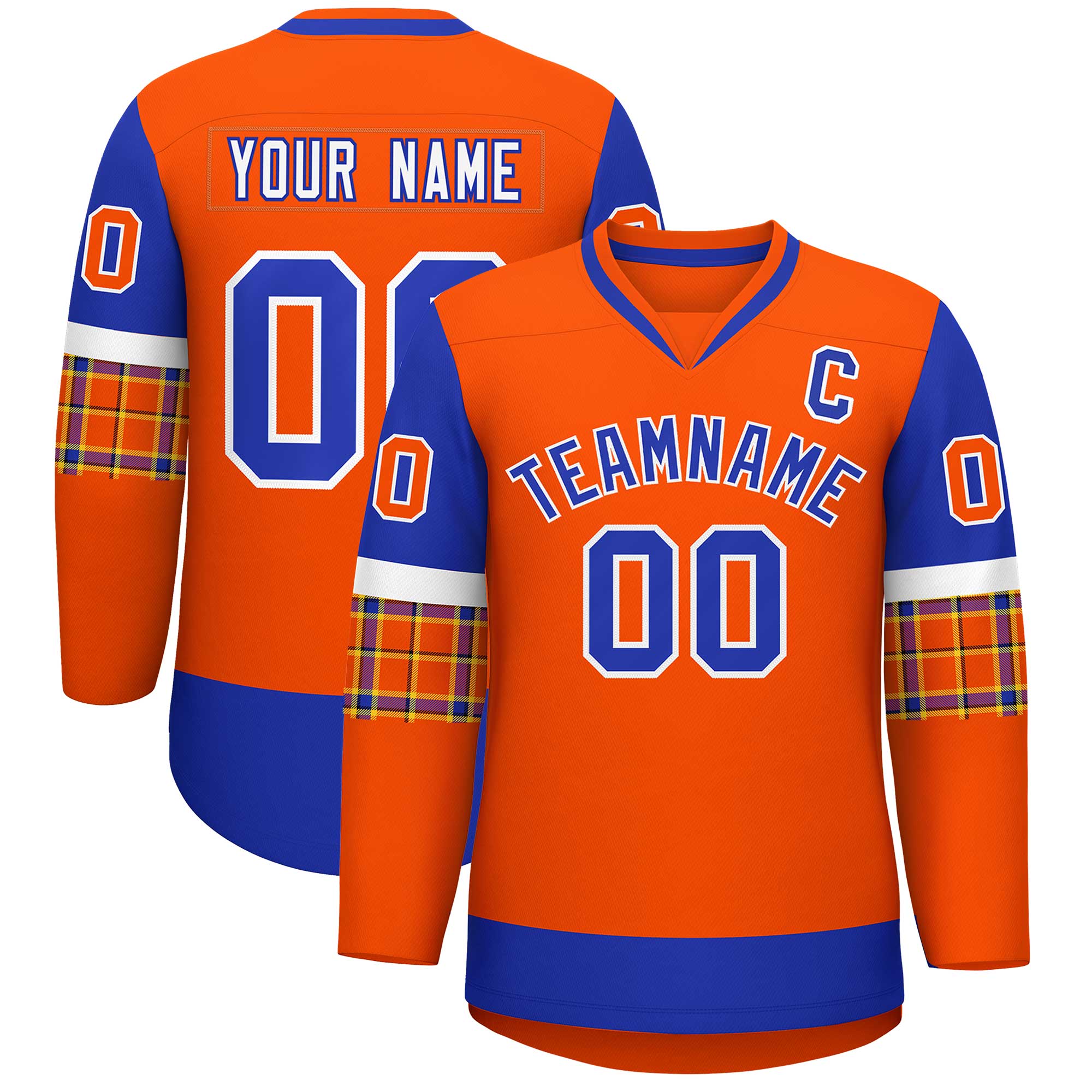 Custom Orange Royal-White Personalized Raglan Sleeves V-Neck Hockey Jersey