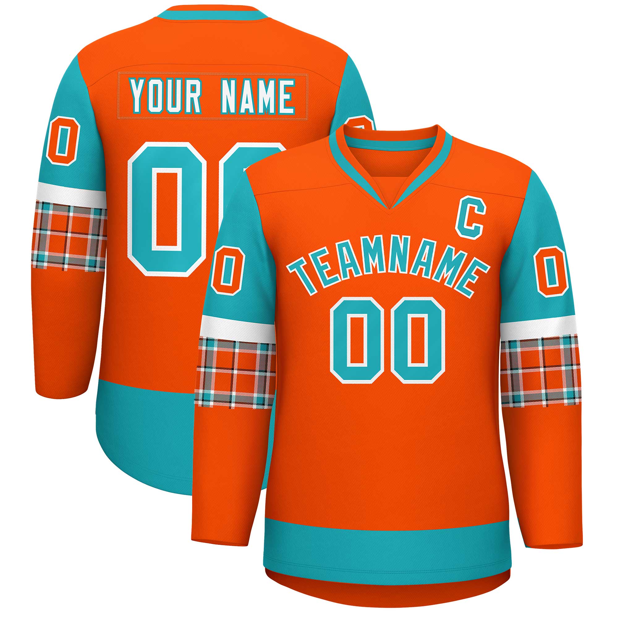 Custom Orange Aqua-White Personalized Raglan Sleeves V-Neck Hockey Jersey