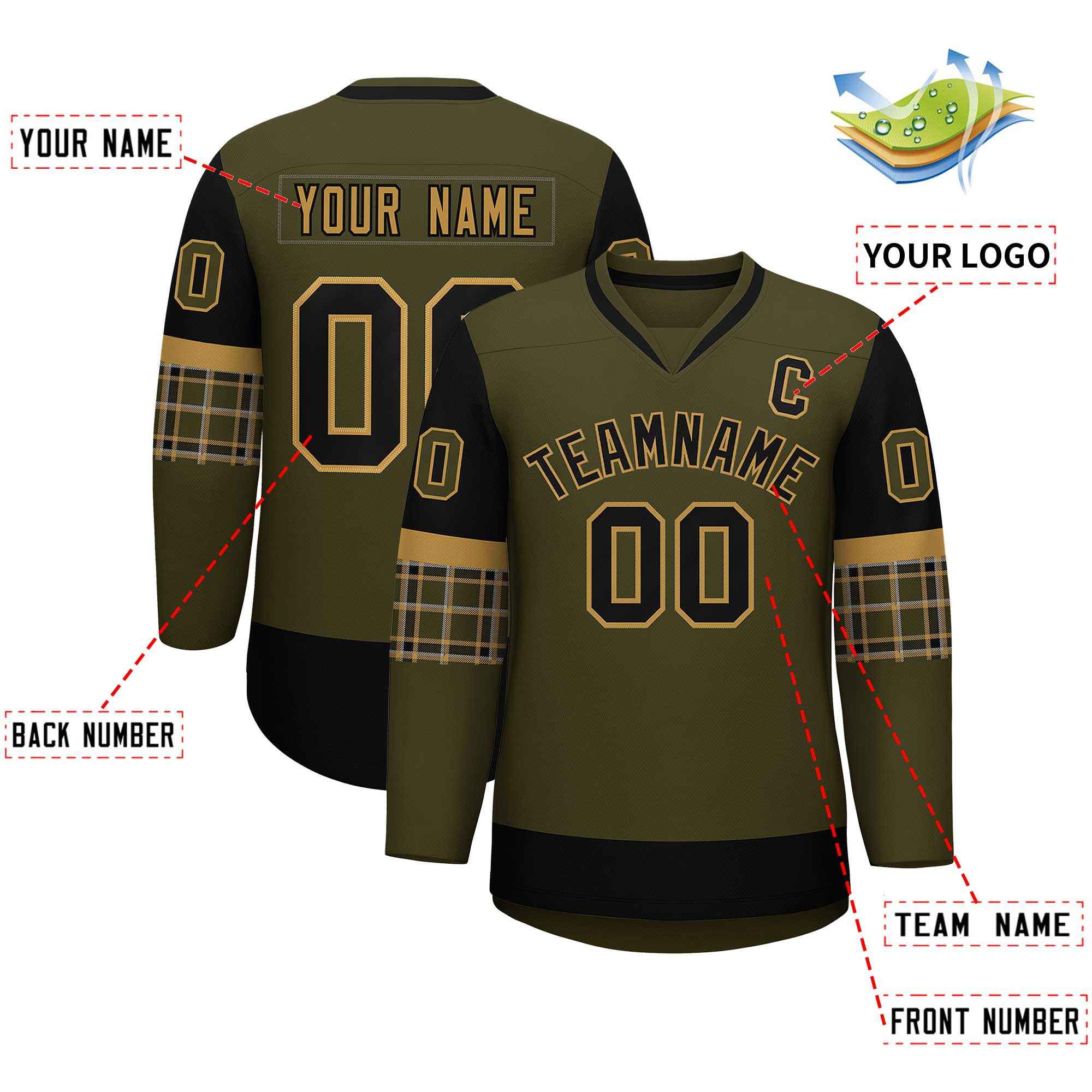 Custom Olive Black-Old Gold Personalized Raglan Sleeves V-Neck Hockey Jersey