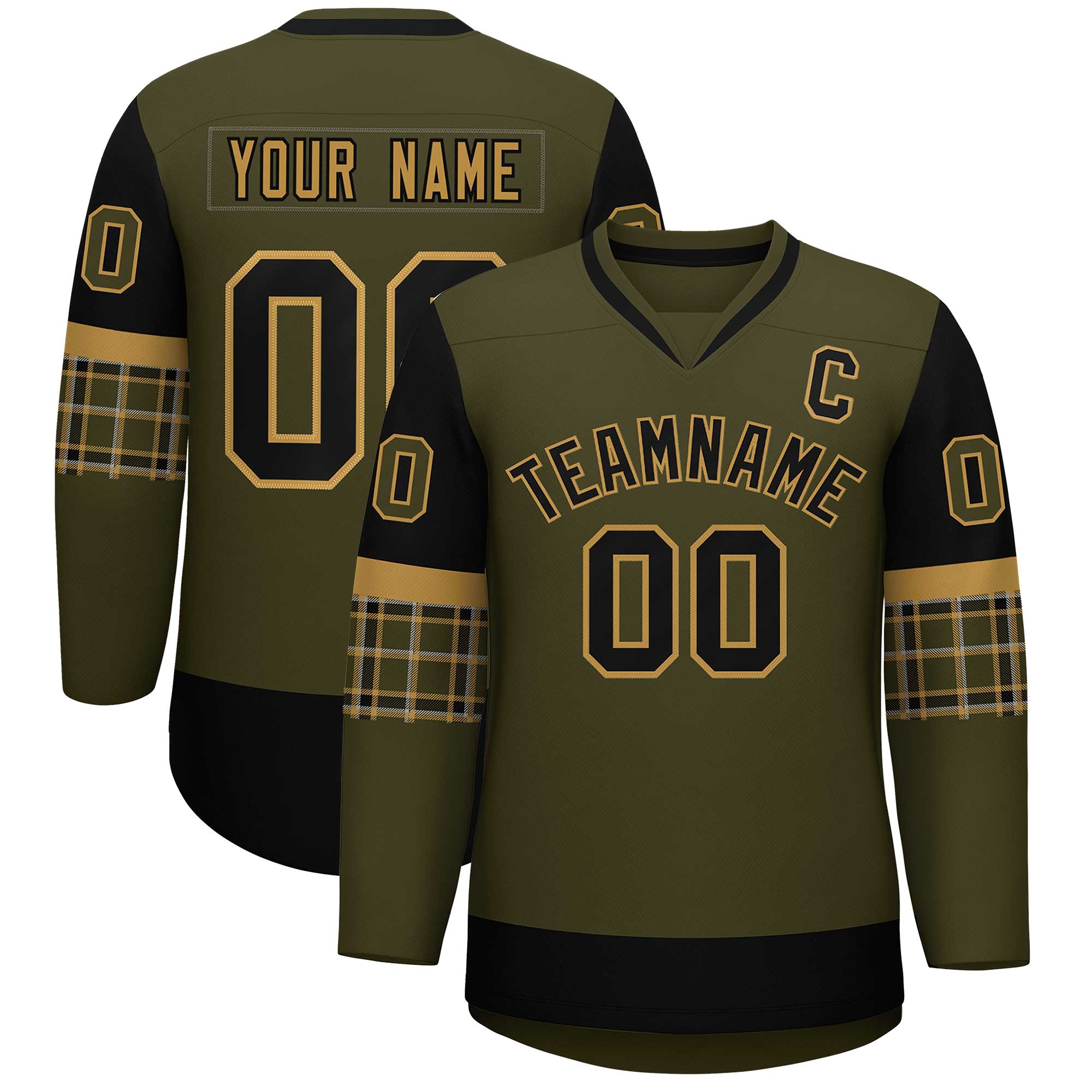 Custom Olive Black-Old Gold Personalized Raglan Sleeves V-Neck Hockey Jersey