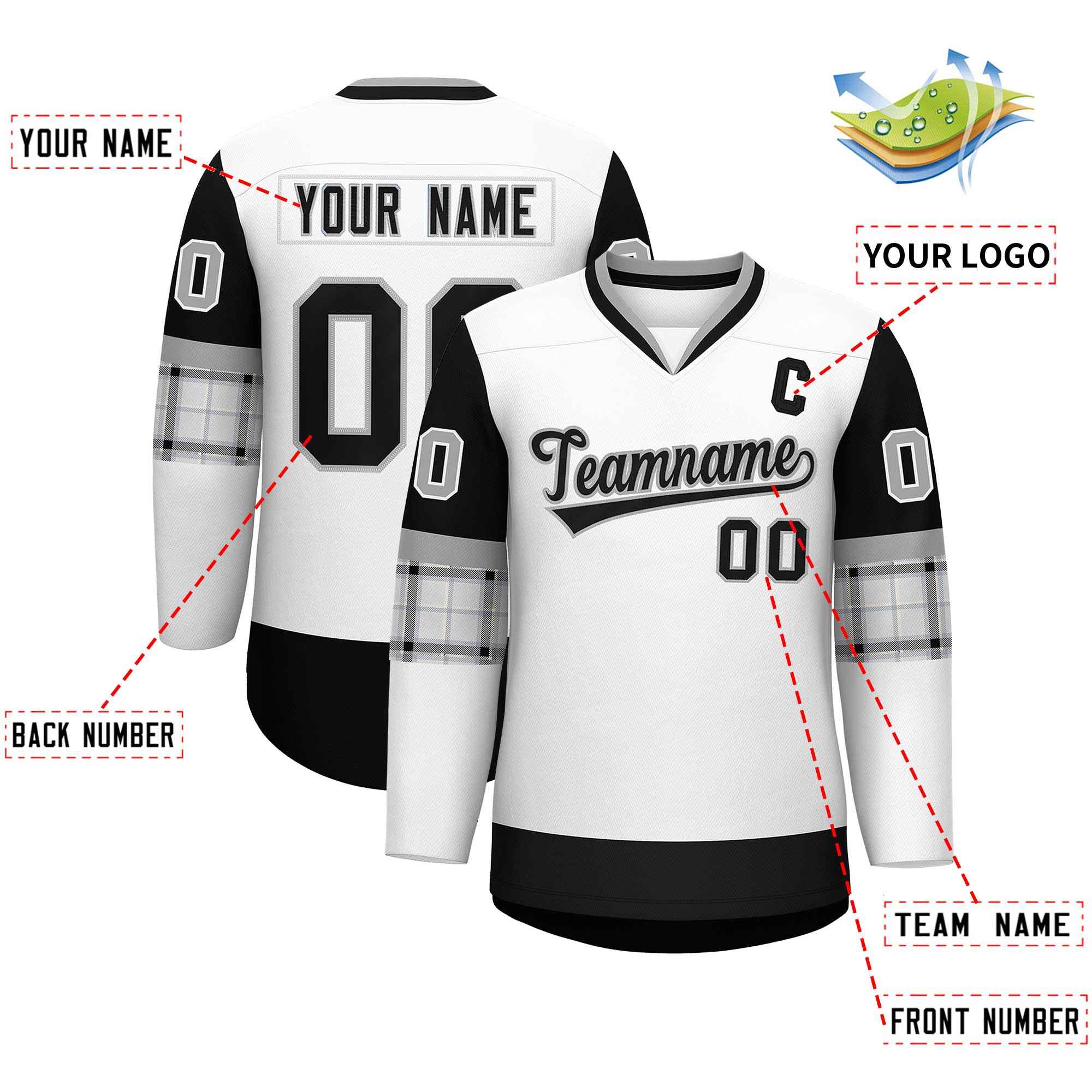 Custom White Black-Gray Personalized Raglan Sleeves V-Neck Hockey Jersey