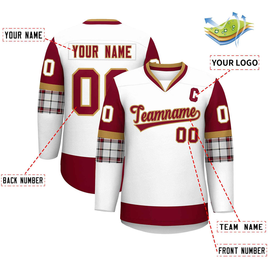 Custom White Crimson-Old Gold Personalized Raglan Sleeves V-Neck Hockey Jersey