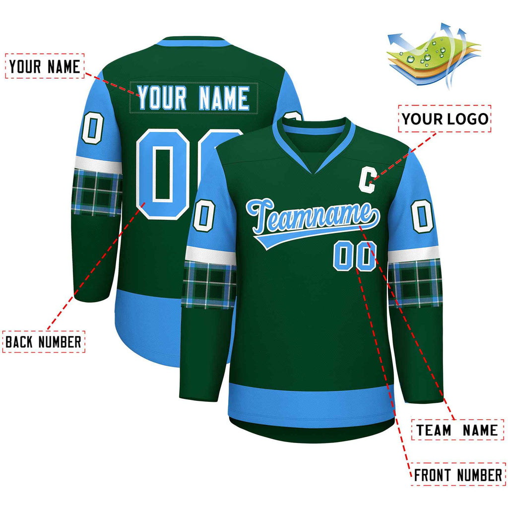 Custom Green Powder Blue-White Personalized Raglan Sleeves V-Neck Hockey Jersey