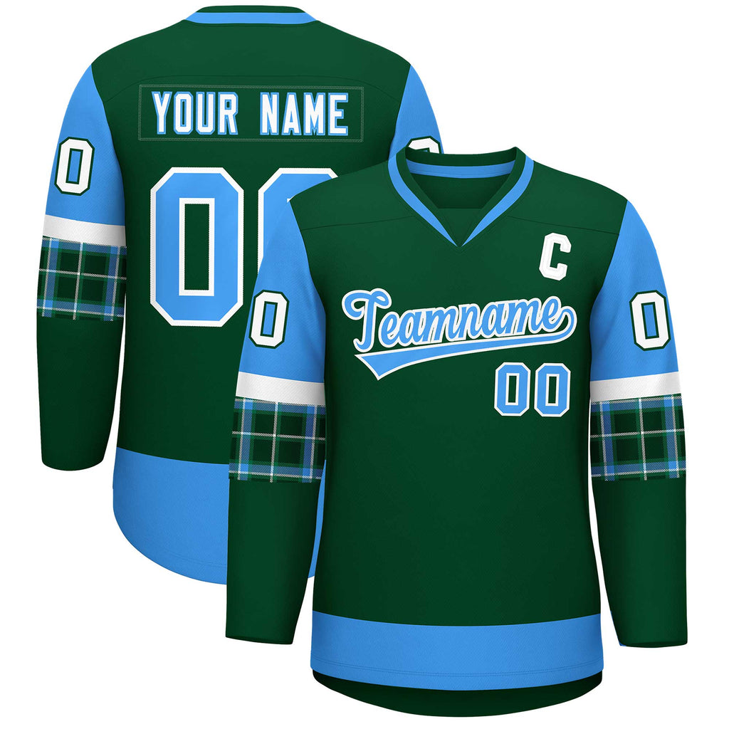 Custom Green Powder Blue-White Personalized Raglan Sleeves V-Neck Hockey Jersey