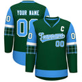 Custom Green Powder Blue-White Personalized Raglan Sleeves V-Neck Hockey Jersey