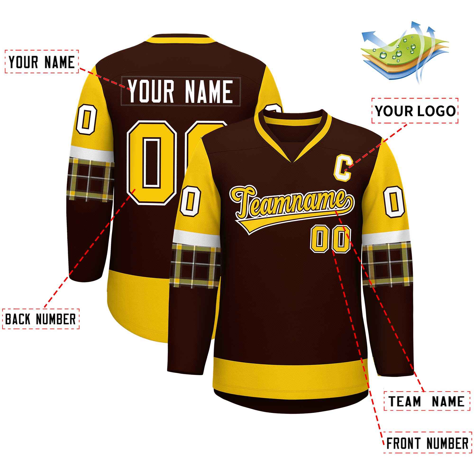 Custom Brown Gold-White Personalized Raglan Sleeves V-Neck Hockey Jersey