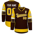 Custom Brown Gold-White Personalized Raglan Sleeves V-Neck Hockey Jersey