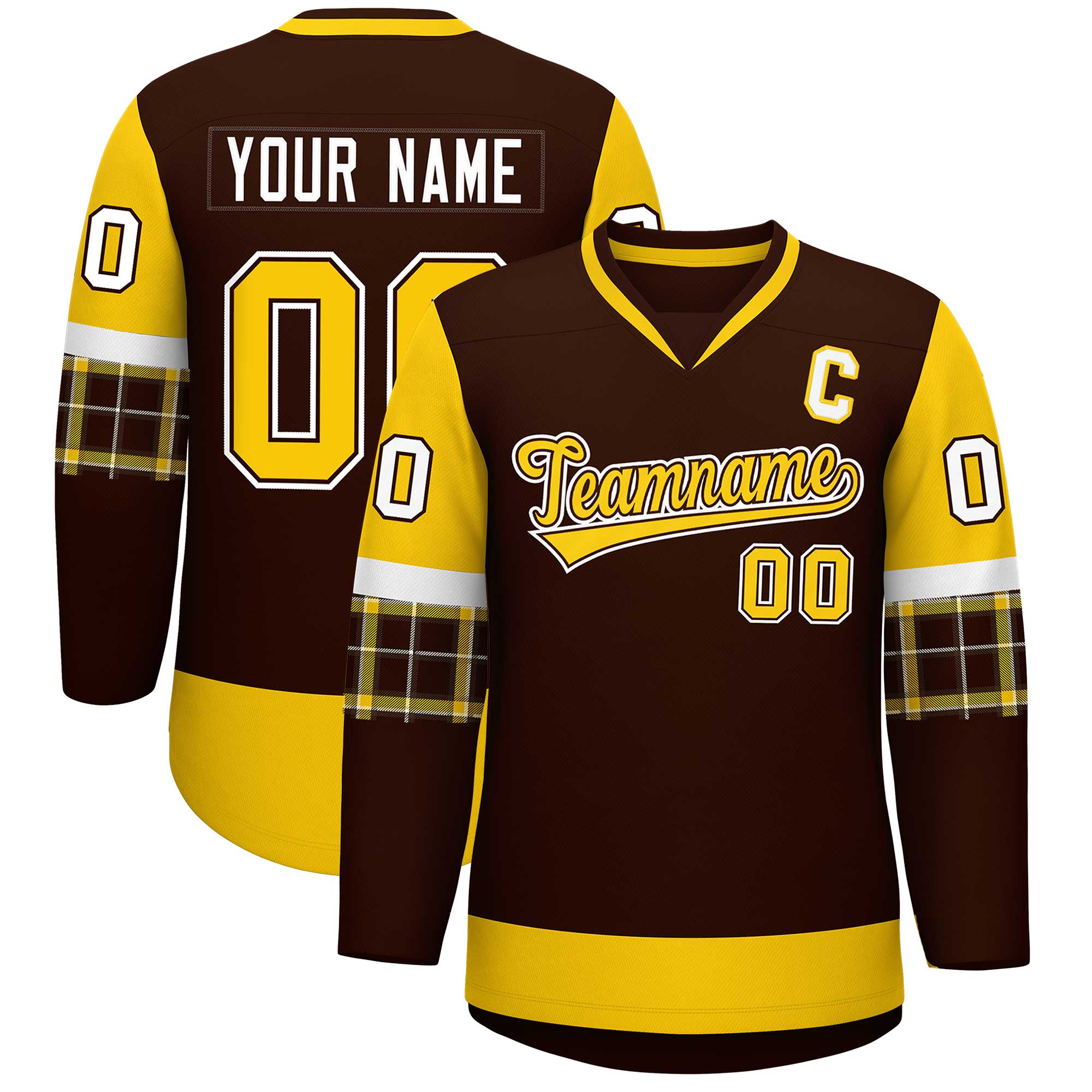 Custom Brown Gold-White Personalized Raglan Sleeves V-Neck Hockey Jersey