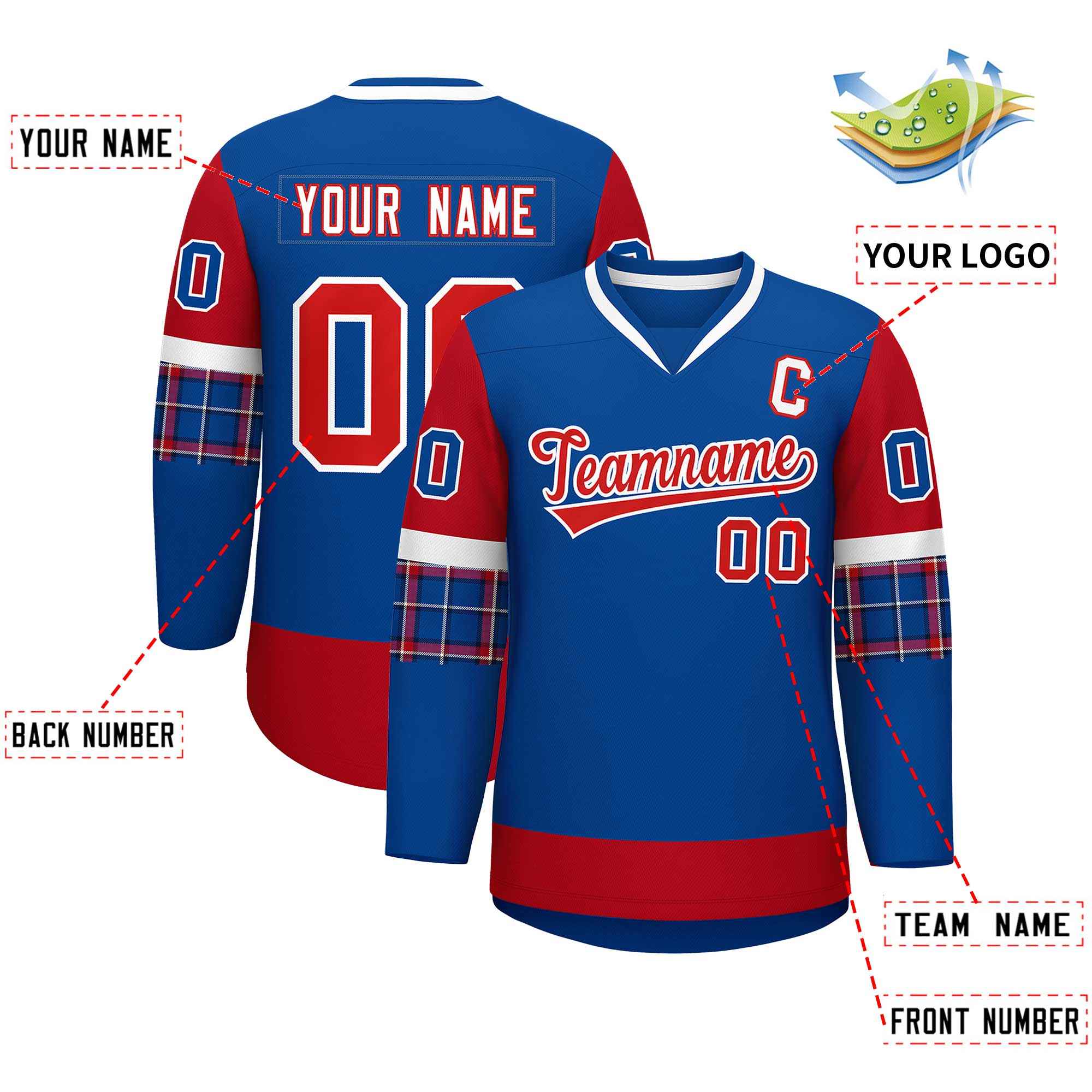 Custom Royal Red-White Personalized Raglan Sleeves V-Neck Hockey Jersey