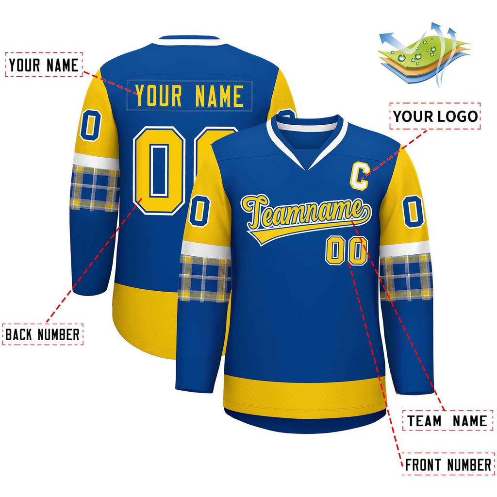 Custom Royal Gold-White Personalized Raglan Sleeves V-Neck Hockey Jersey
