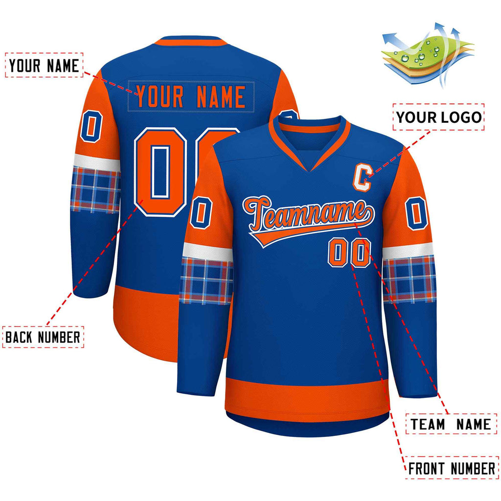 Custom Royal Orange-White Personalized Raglan Sleeves V-Neck Hockey Jersey