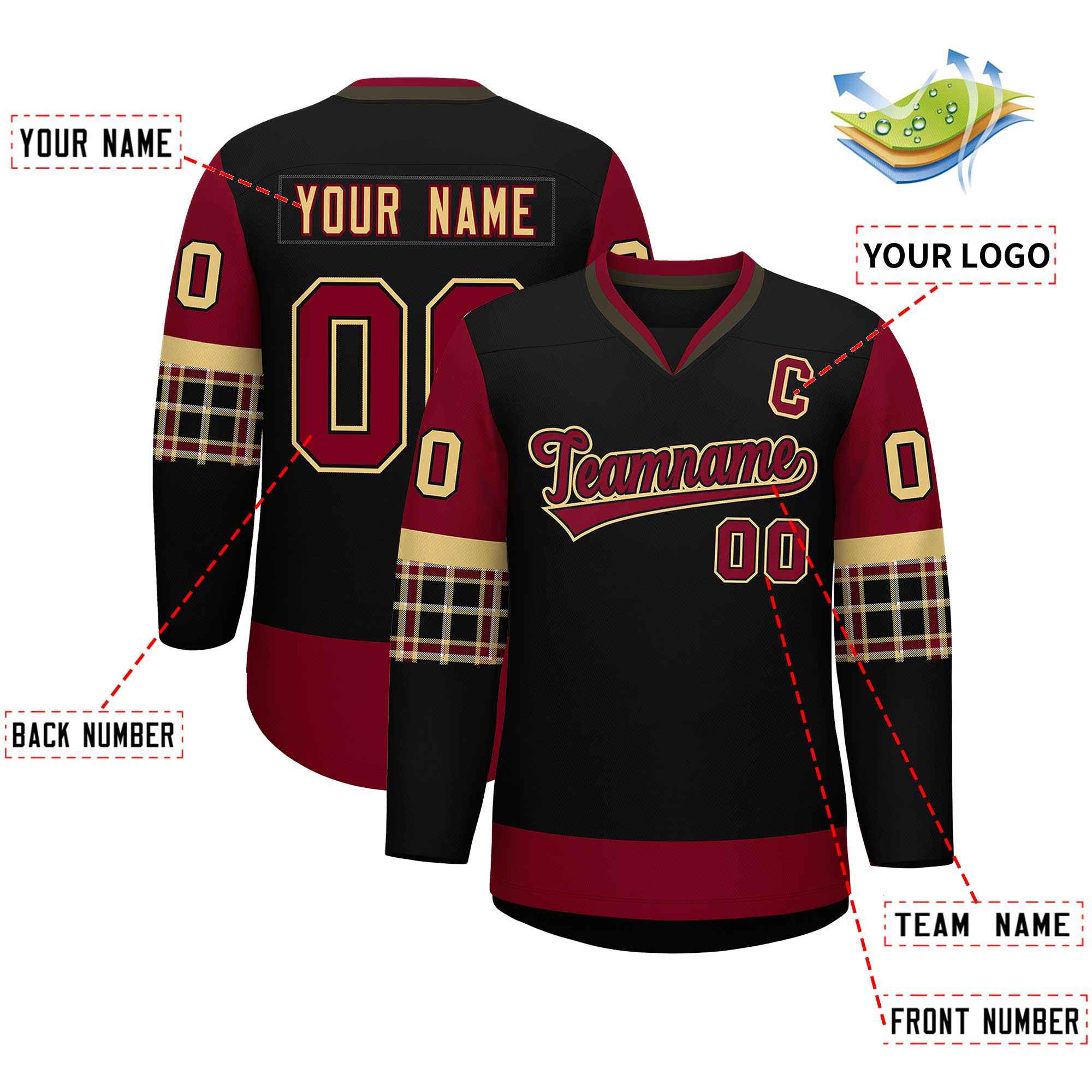 Custom Black Crimson-Khaki Personalized Raglan Sleeves V-Neck Hockey Jersey