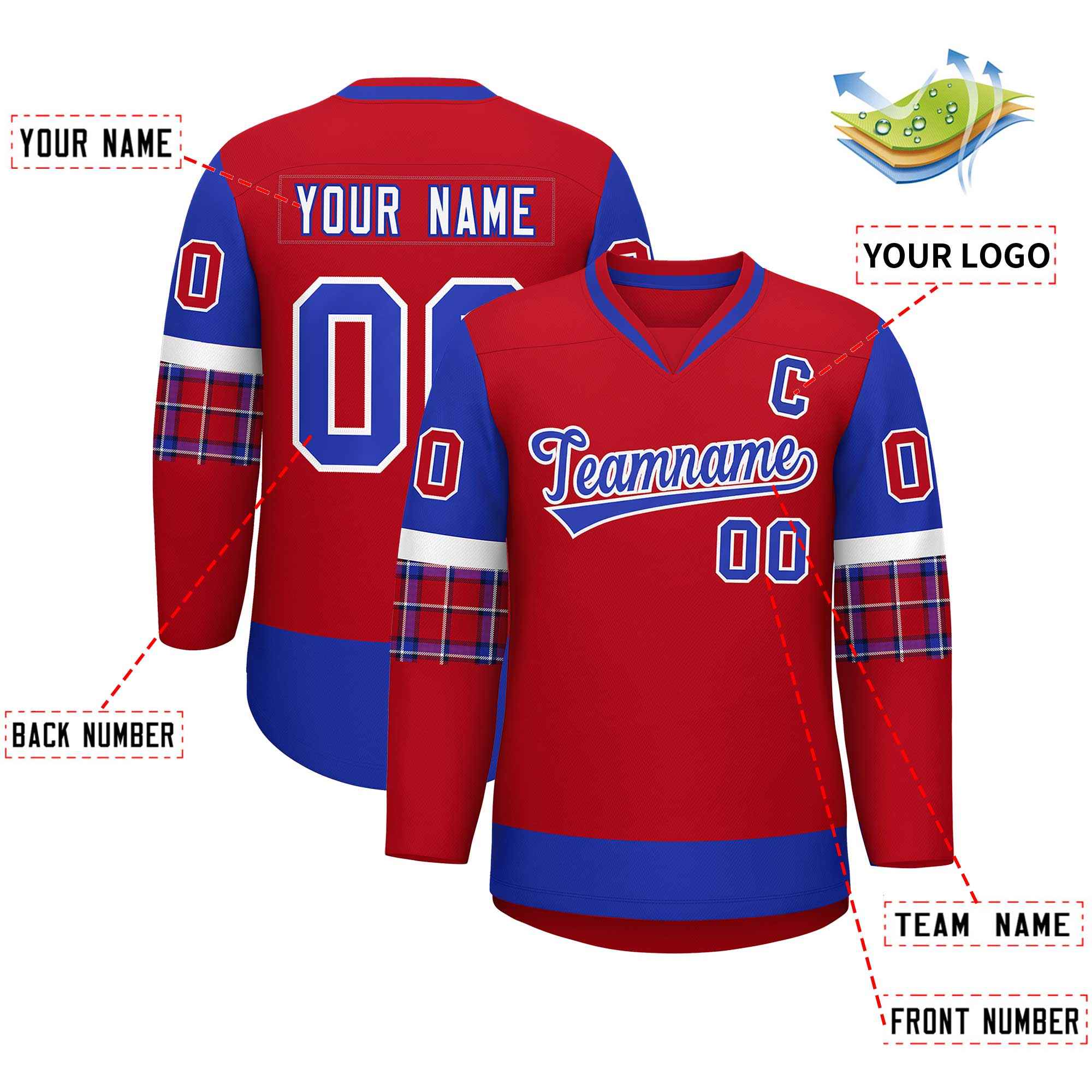 Custom Red Royal-White Personalized Raglan Sleeves V-Neck Hockey Jersey