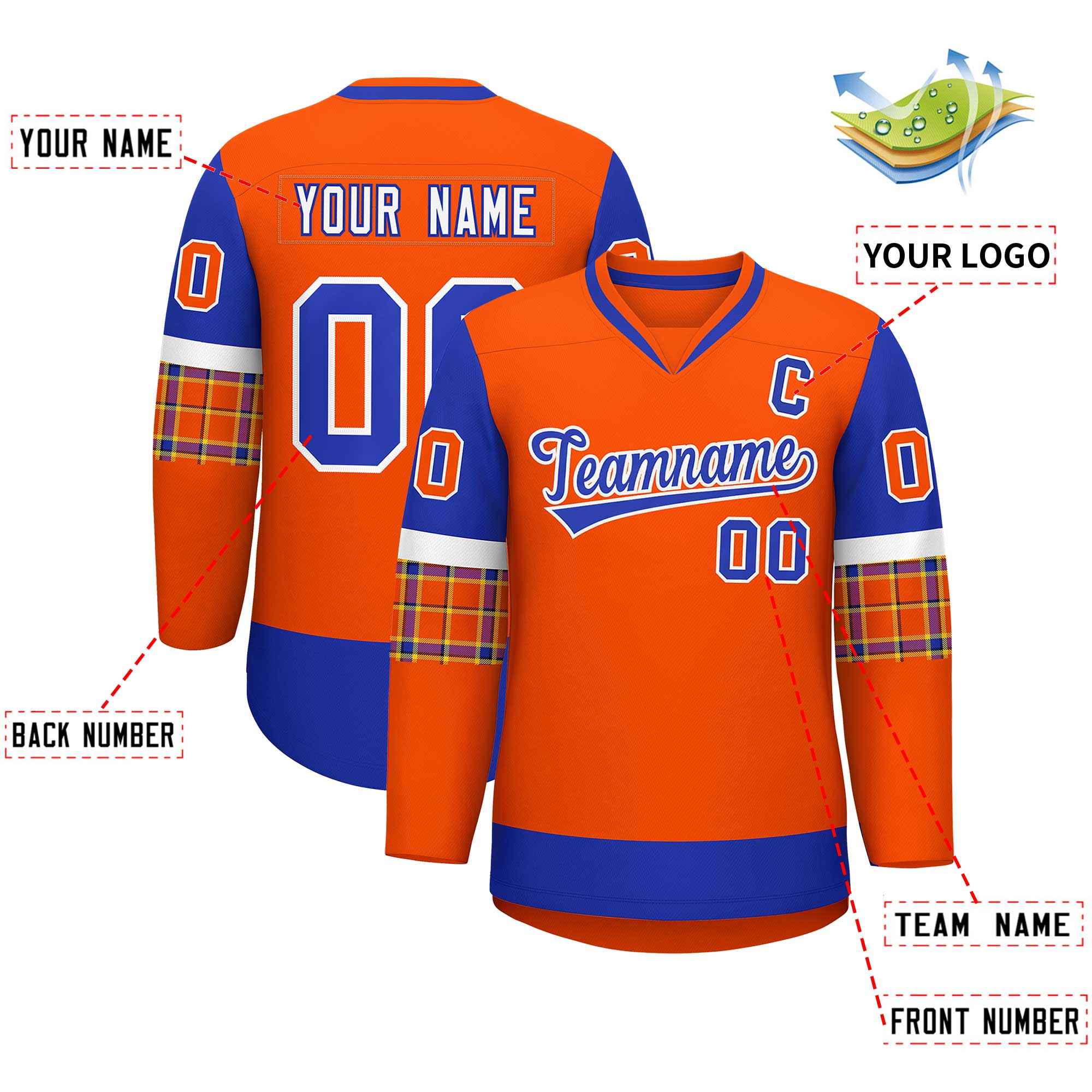 Custom Orange Royal-White Personalized Raglan Sleeves V-Neck Hockey Jersey