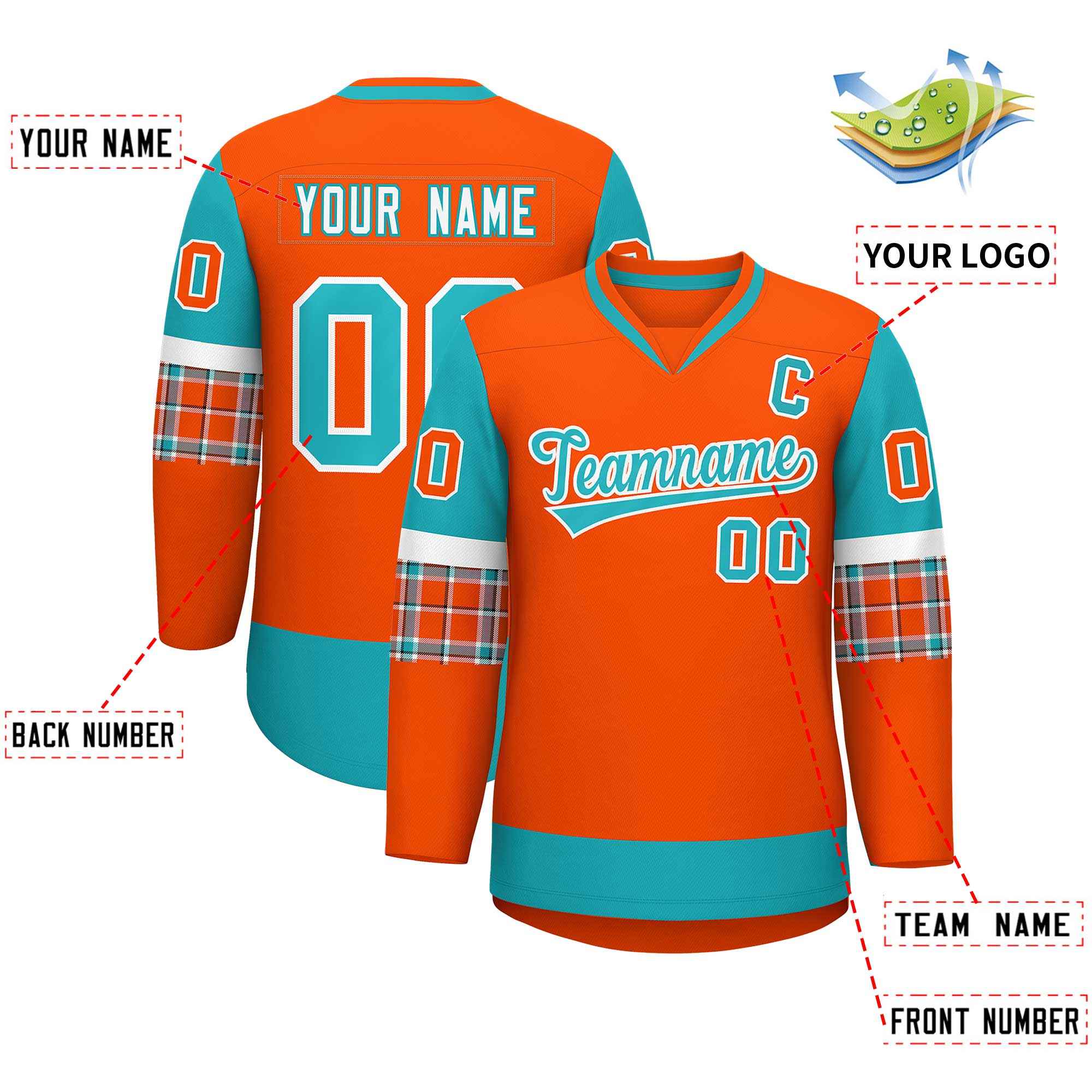 Custom Orange Aqua-White Personalized Raglan Sleeves V-Neck Hockey Jersey