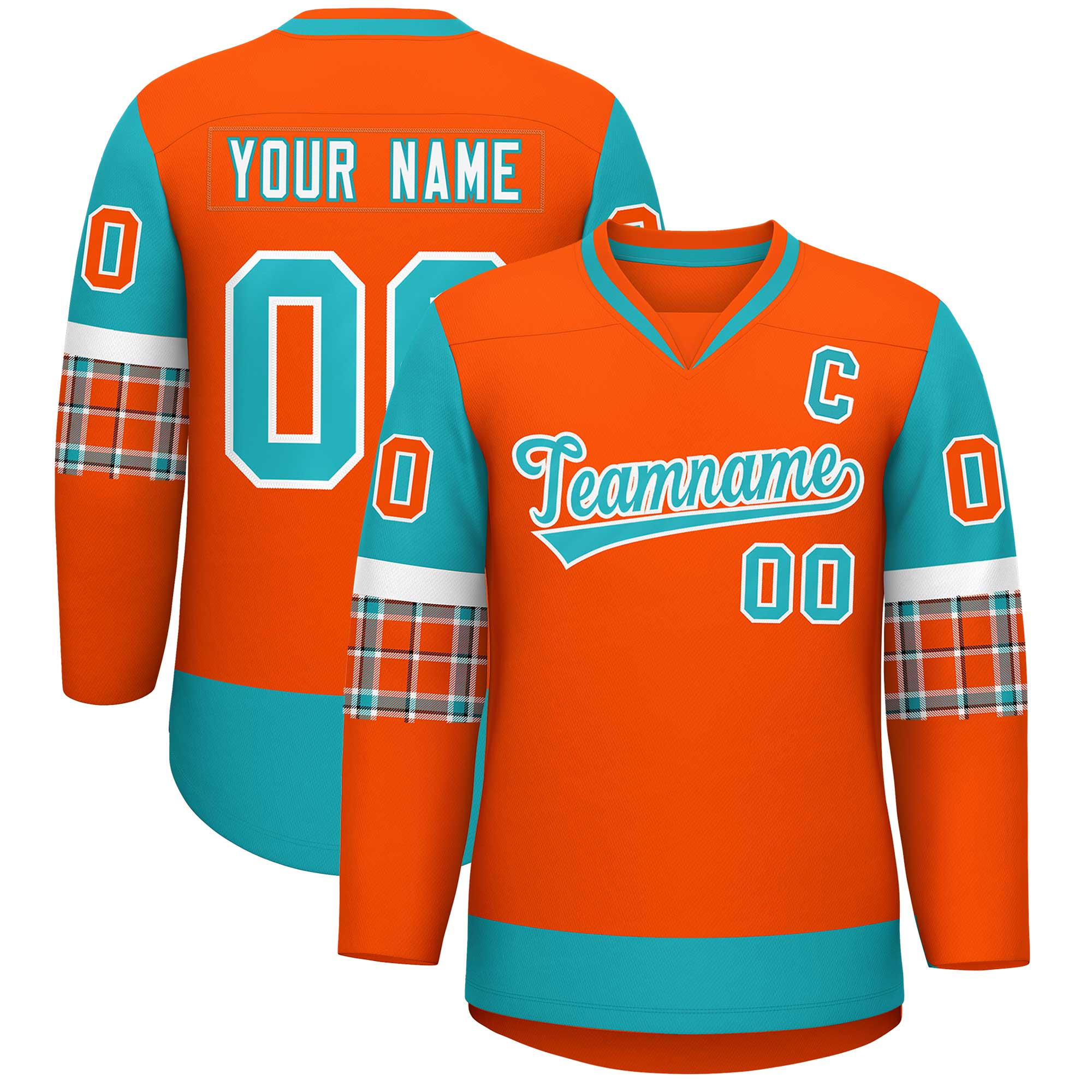 Custom Orange Aqua-White Personalized Raglan Sleeves V-Neck Hockey Jersey