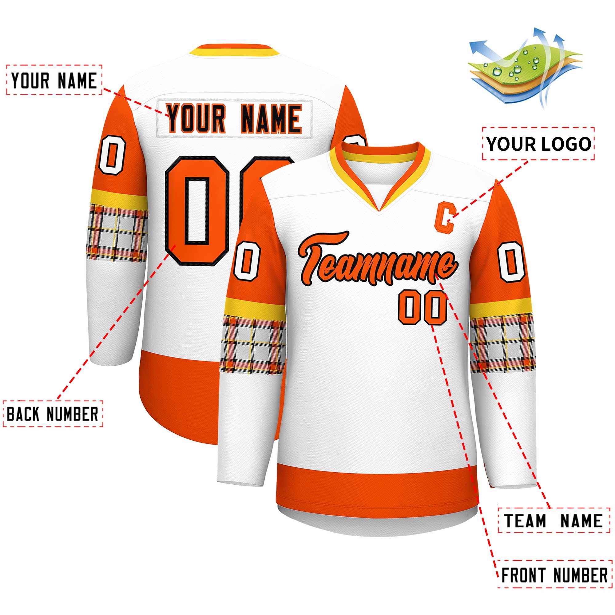 Custom White Orange-Yellow Personalized Raglan Sleeves V-Neck Hockey Jersey