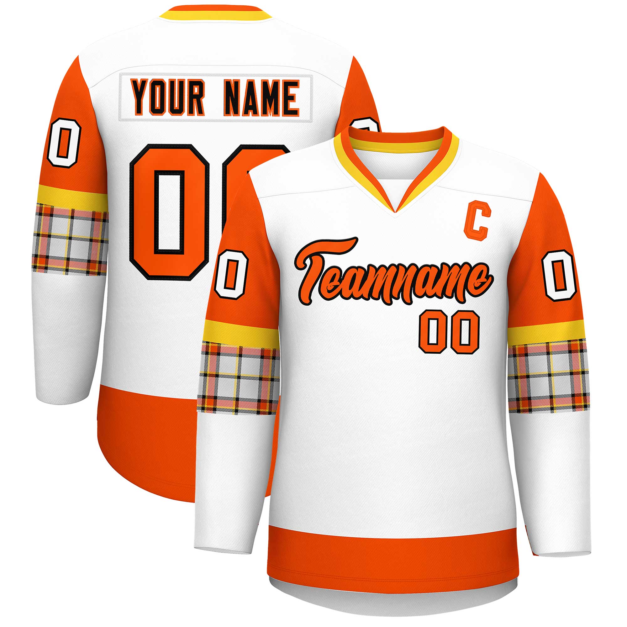 Custom White Orange-Yellow Personalized Raglan Sleeves V-Neck Hockey Jersey