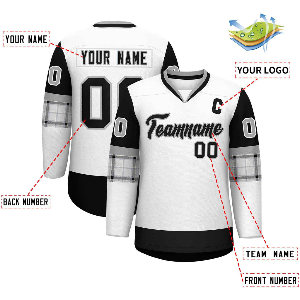 Custom White Black-Gray Personalized Raglan Sleeves V-Neck Hockey Jersey