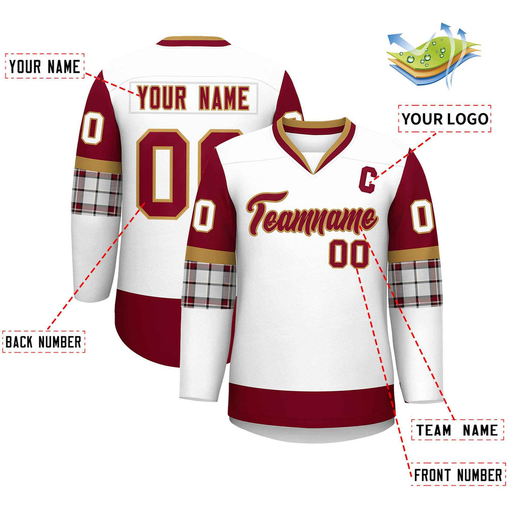 Custom White Crimson-Old Gold Personalized Raglan Sleeves V-Neck Hockey Jersey