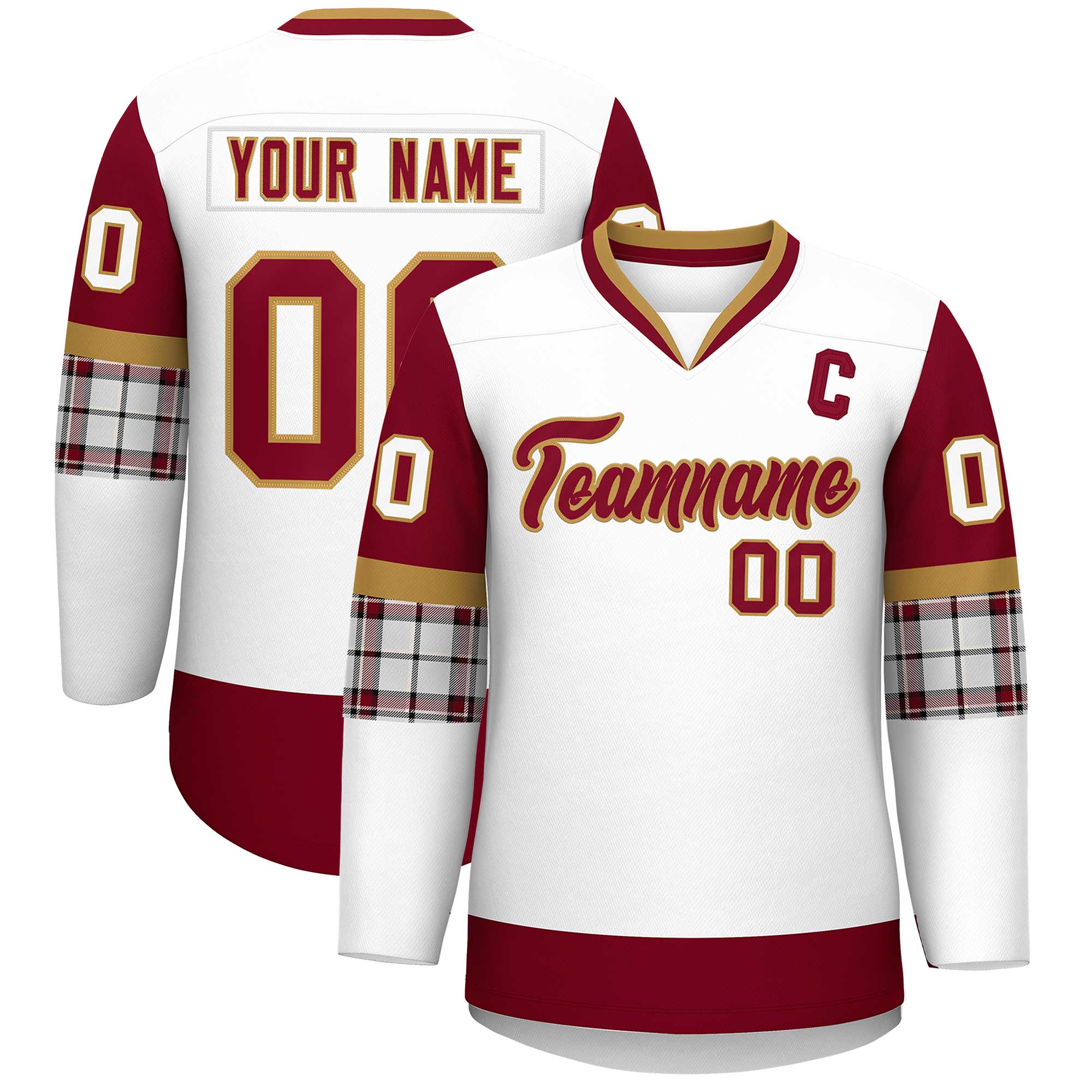 Custom White Crimson-Old Gold Personalized Raglan Sleeves V-Neck Hockey Jersey