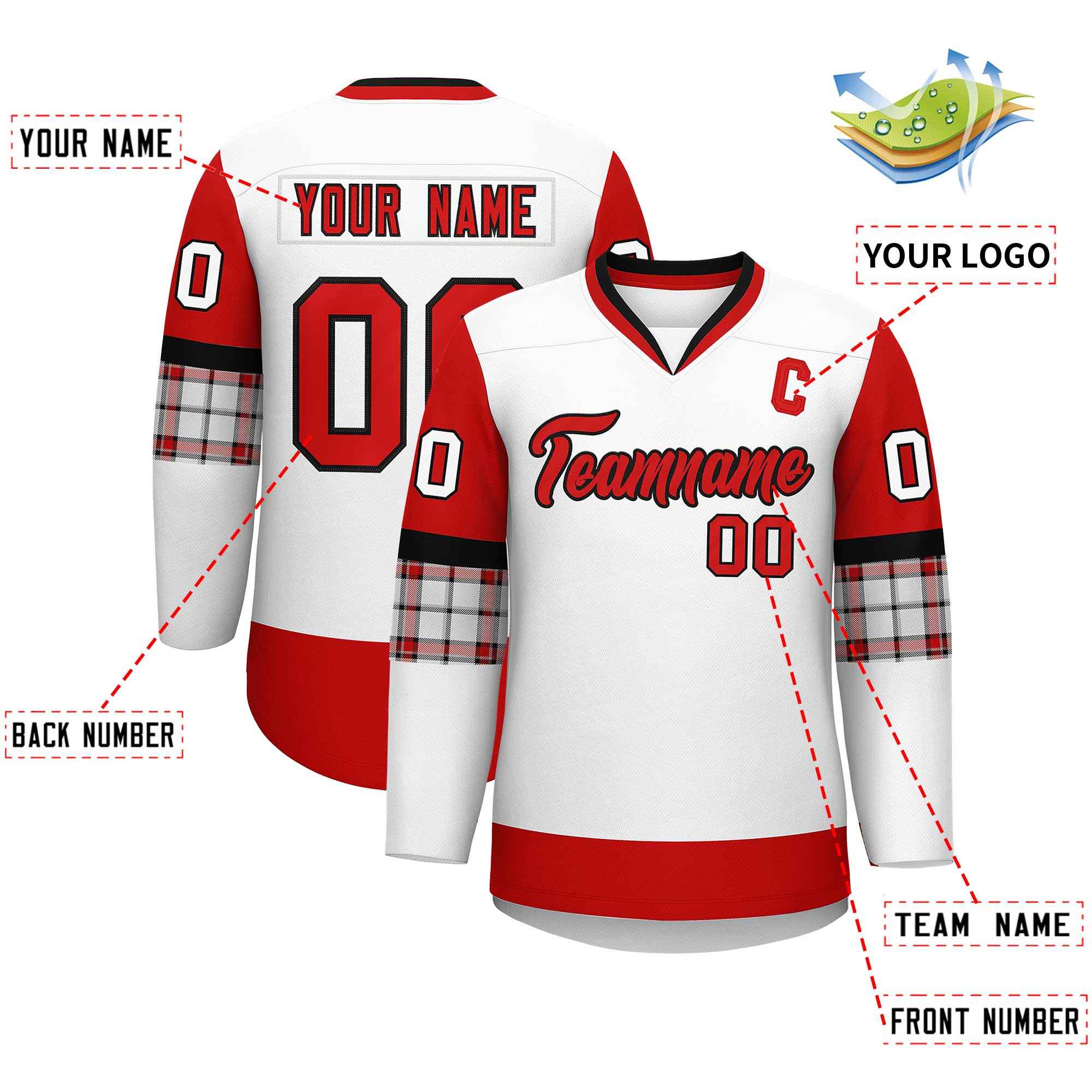 Custom White Red-Black Personalized Raglan Sleeves V-Neck Hockey Jersey
