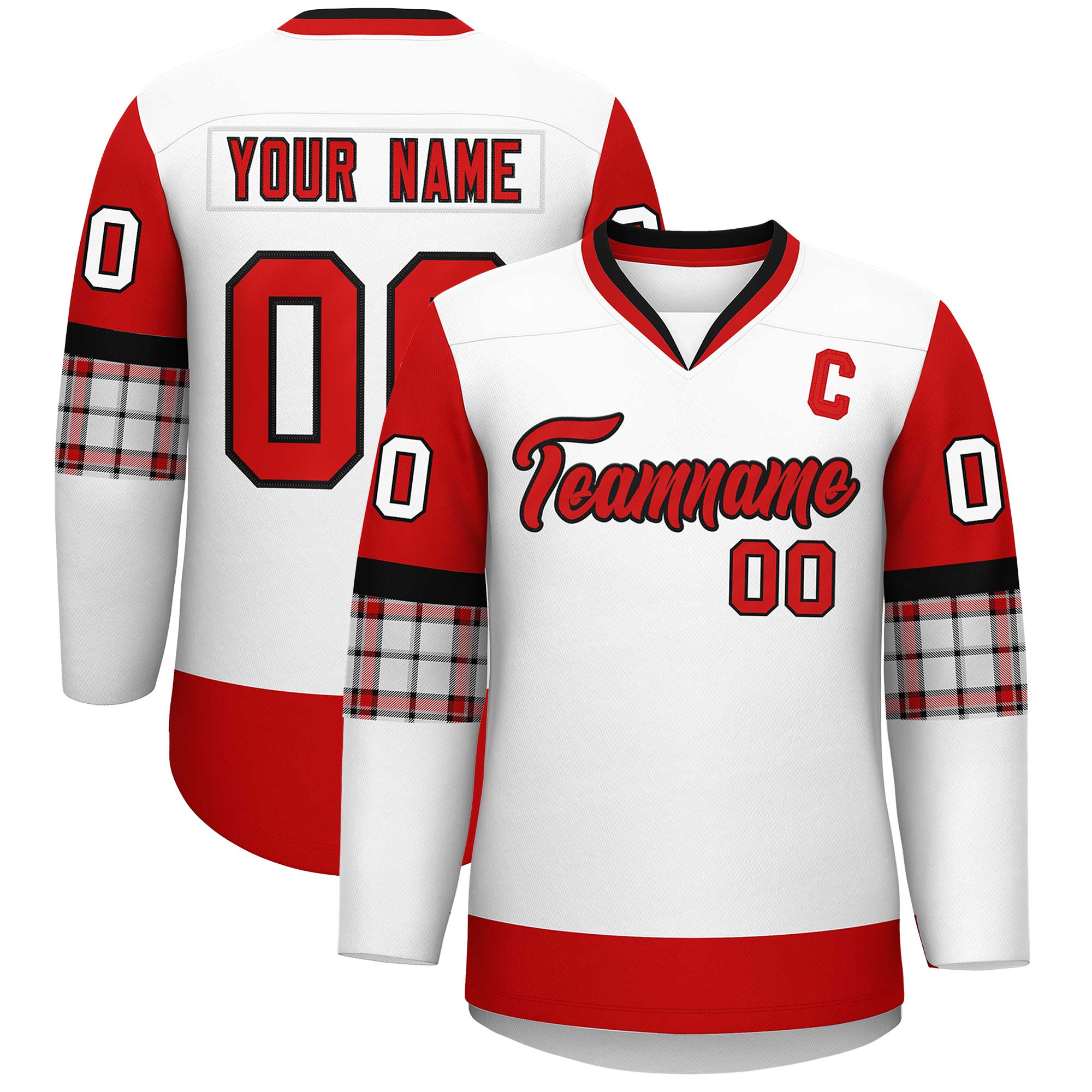 Custom White Red-Black Personalized Raglan Sleeves V-Neck Hockey Jersey