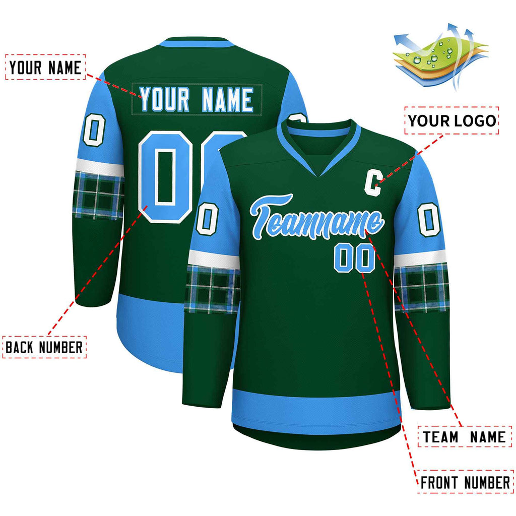 Custom Green Powder Blue-White Personalized Raglan Sleeves V-Neck Hockey Jersey