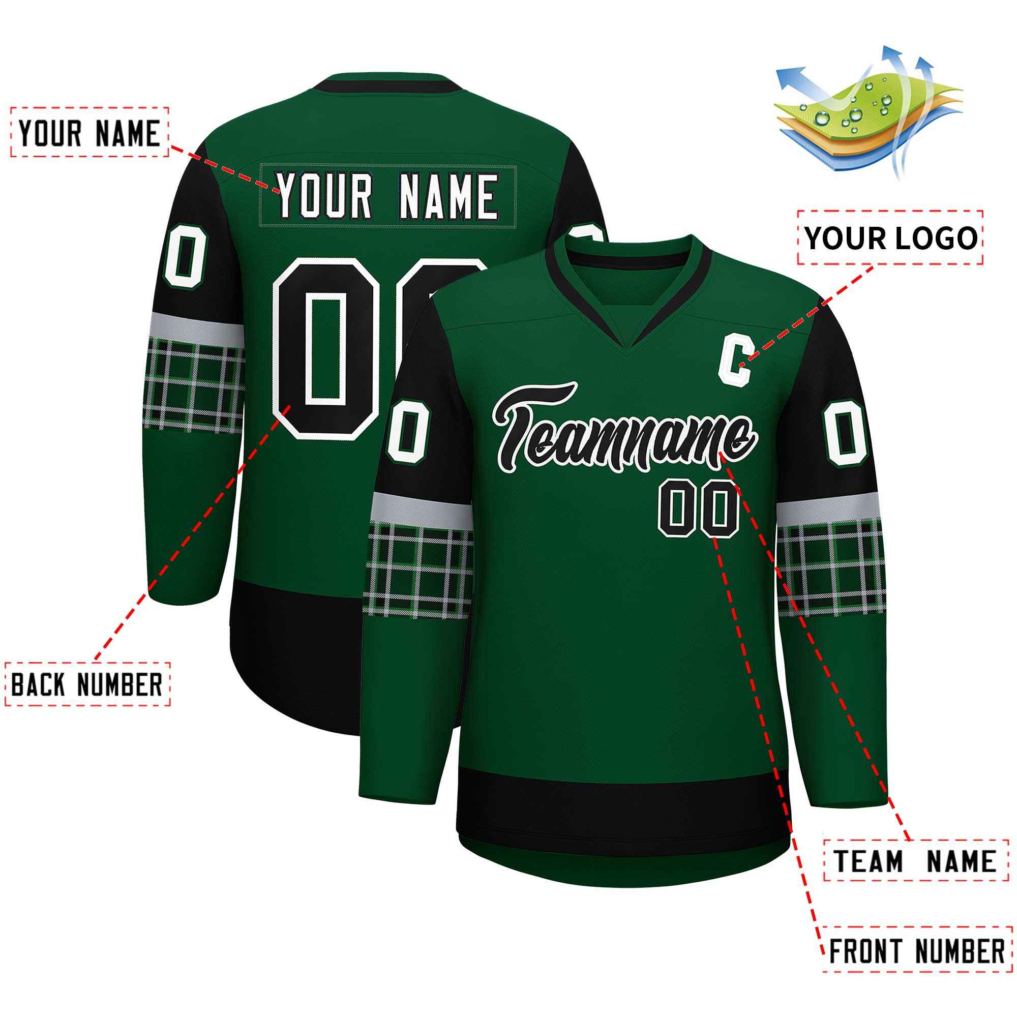 Custom Green Black-White Personalized Raglan Sleeves V-Neck Hockey Jersey