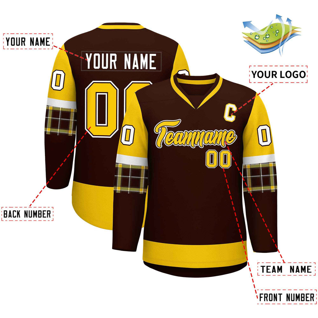 Custom Brown Gold-White Personalized Raglan Sleeves V-Neck Hockey Jersey