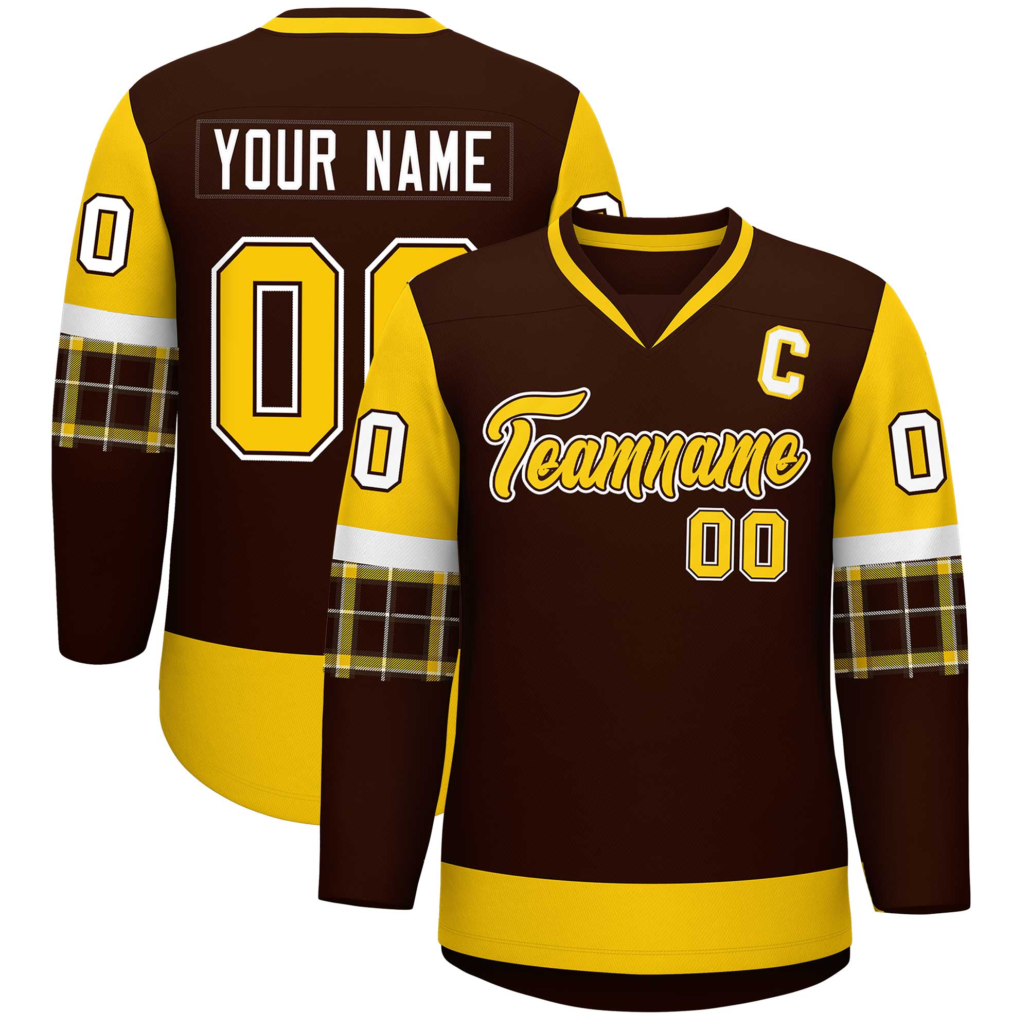 Custom Brown Gold-White Personalized Raglan Sleeves V-Neck Hockey Jersey