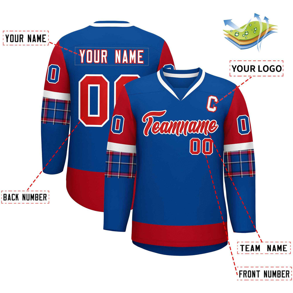 Custom Royal Red-White Personalized Raglan Sleeves V-Neck Hockey Jersey