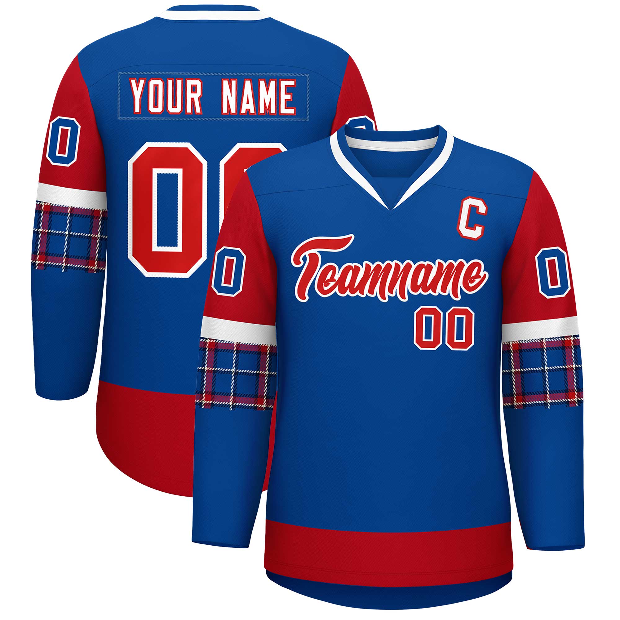 Custom Royal Red-White Personalized Raglan Sleeves V-Neck Hockey Jersey