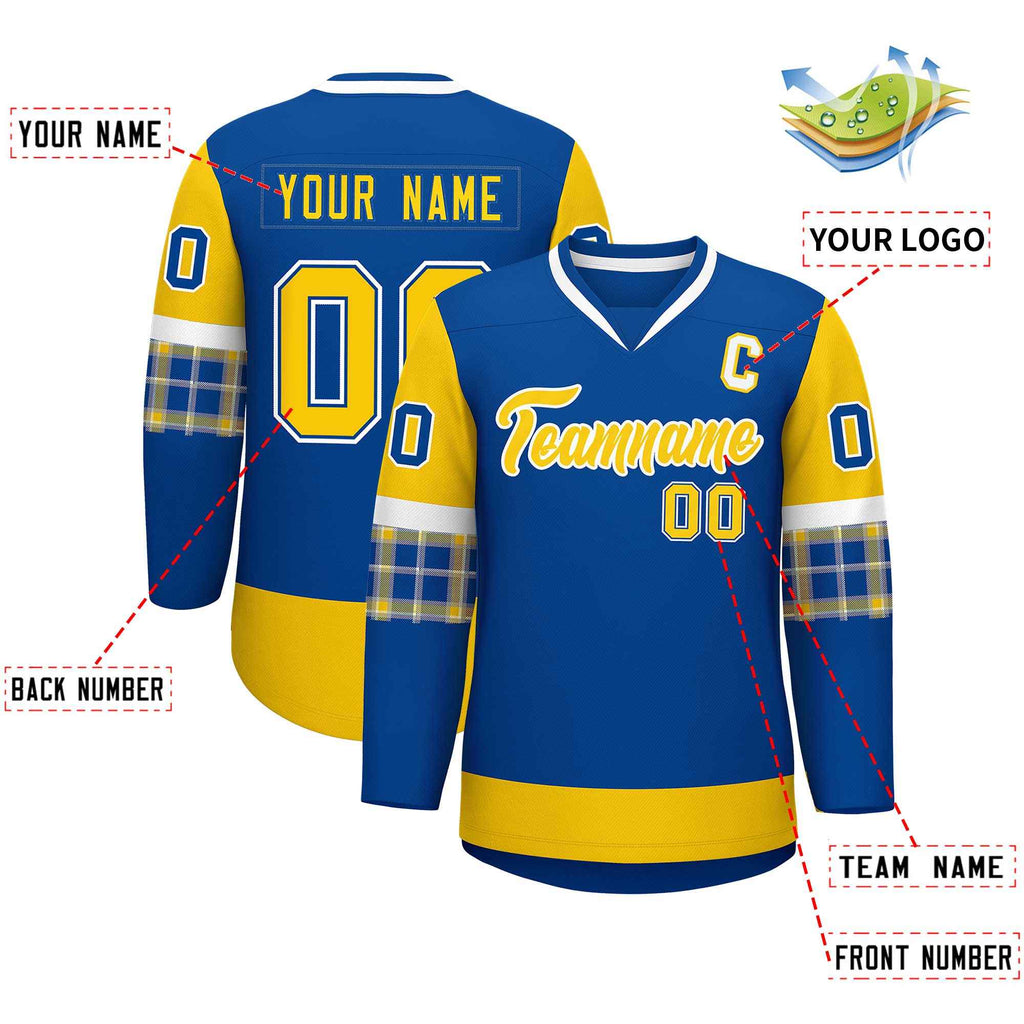 Custom Royal Gold-White Personalized Raglan Sleeves V-Neck Hockey Jersey