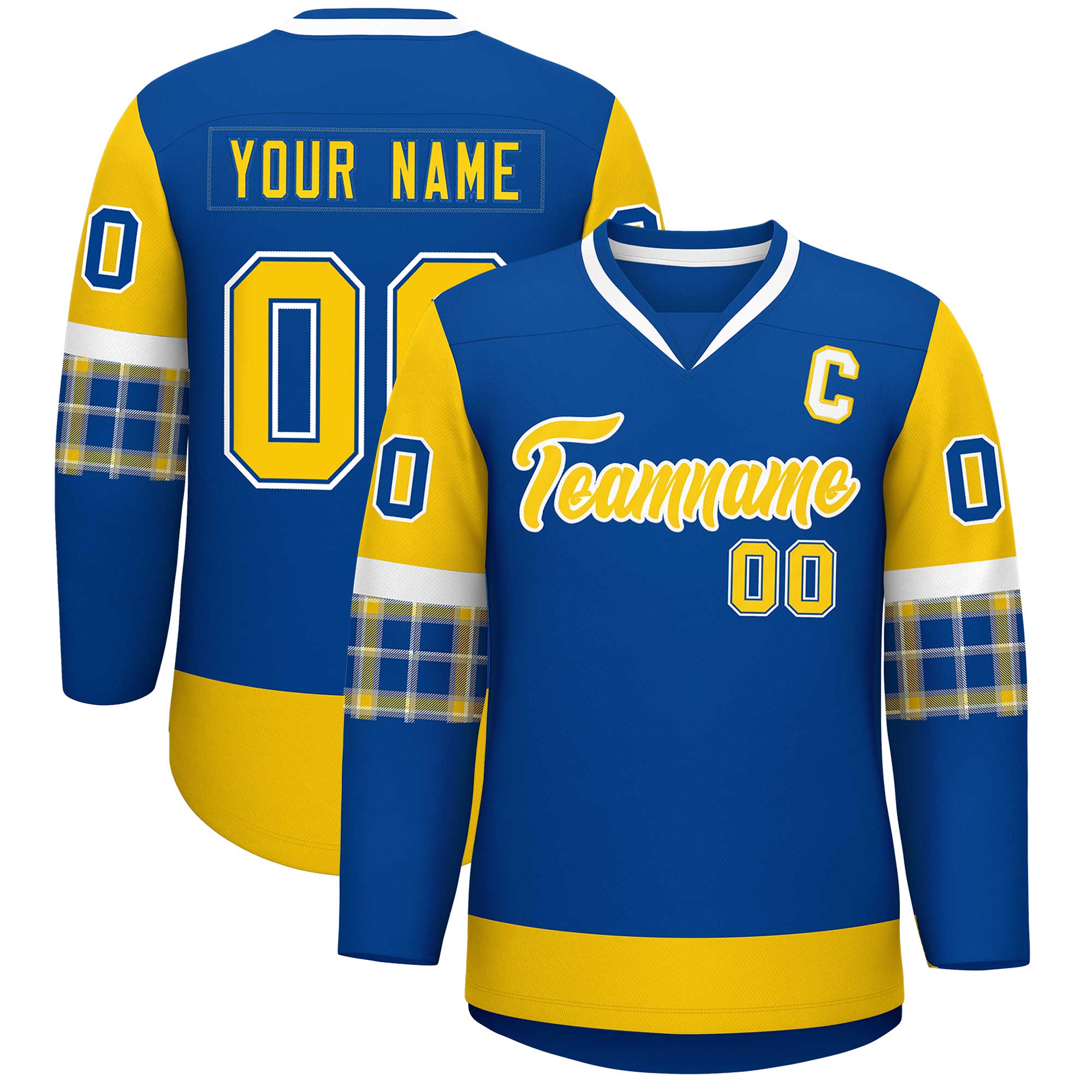 Custom Royal Gold-White Personalized Raglan Sleeves V-Neck Hockey Jersey