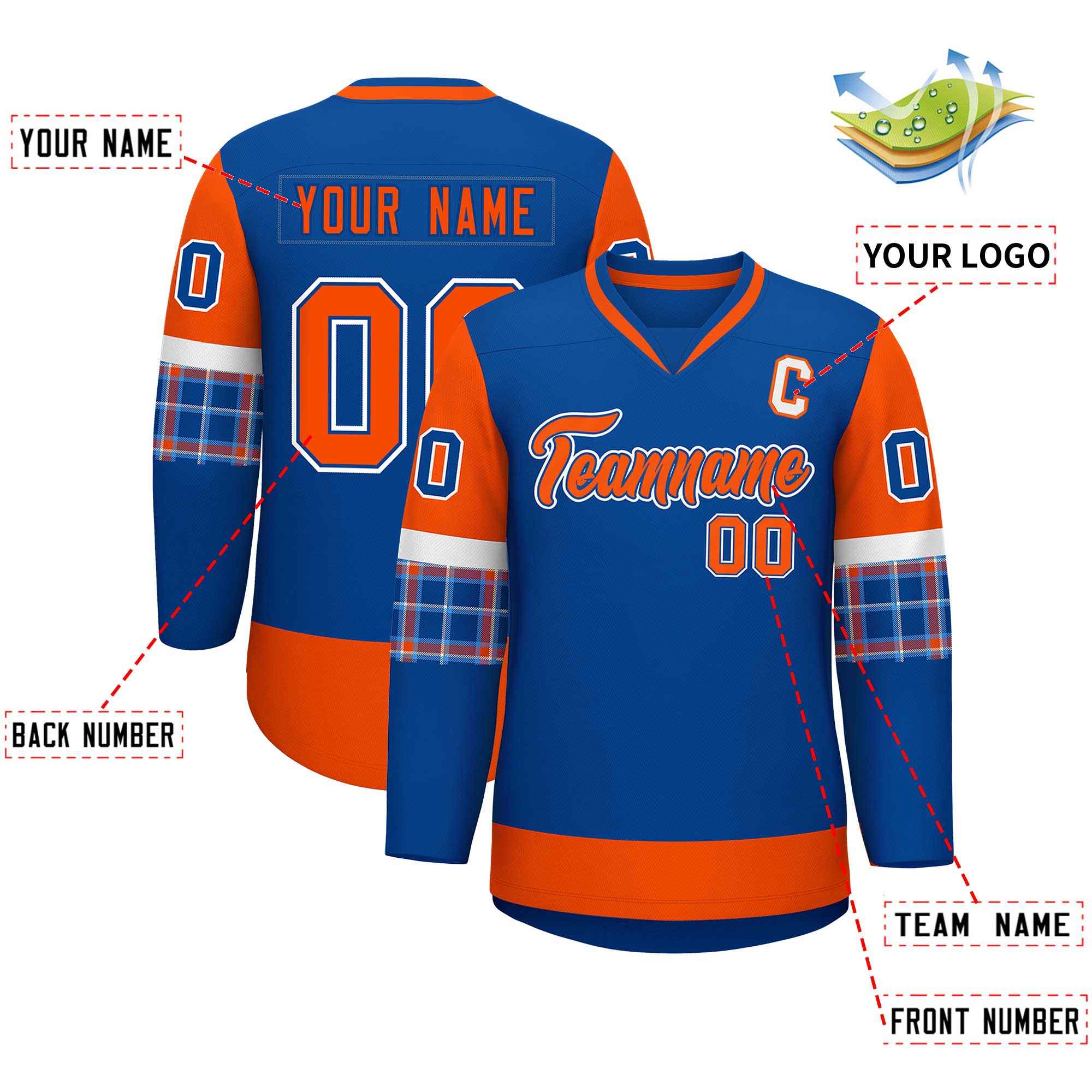 Custom Royal Orange-White Personalized Raglan Sleeves V-Neck Hockey Jersey