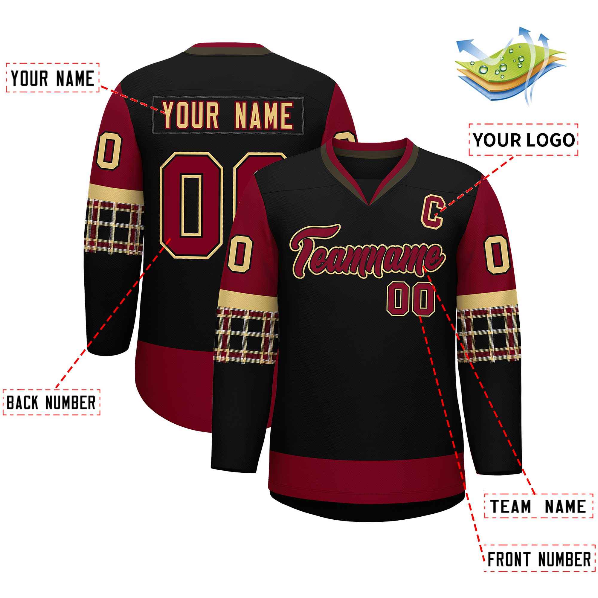Custom Black Crimson-Khaki Personalized Raglan Sleeves V-Neck Hockey Jersey