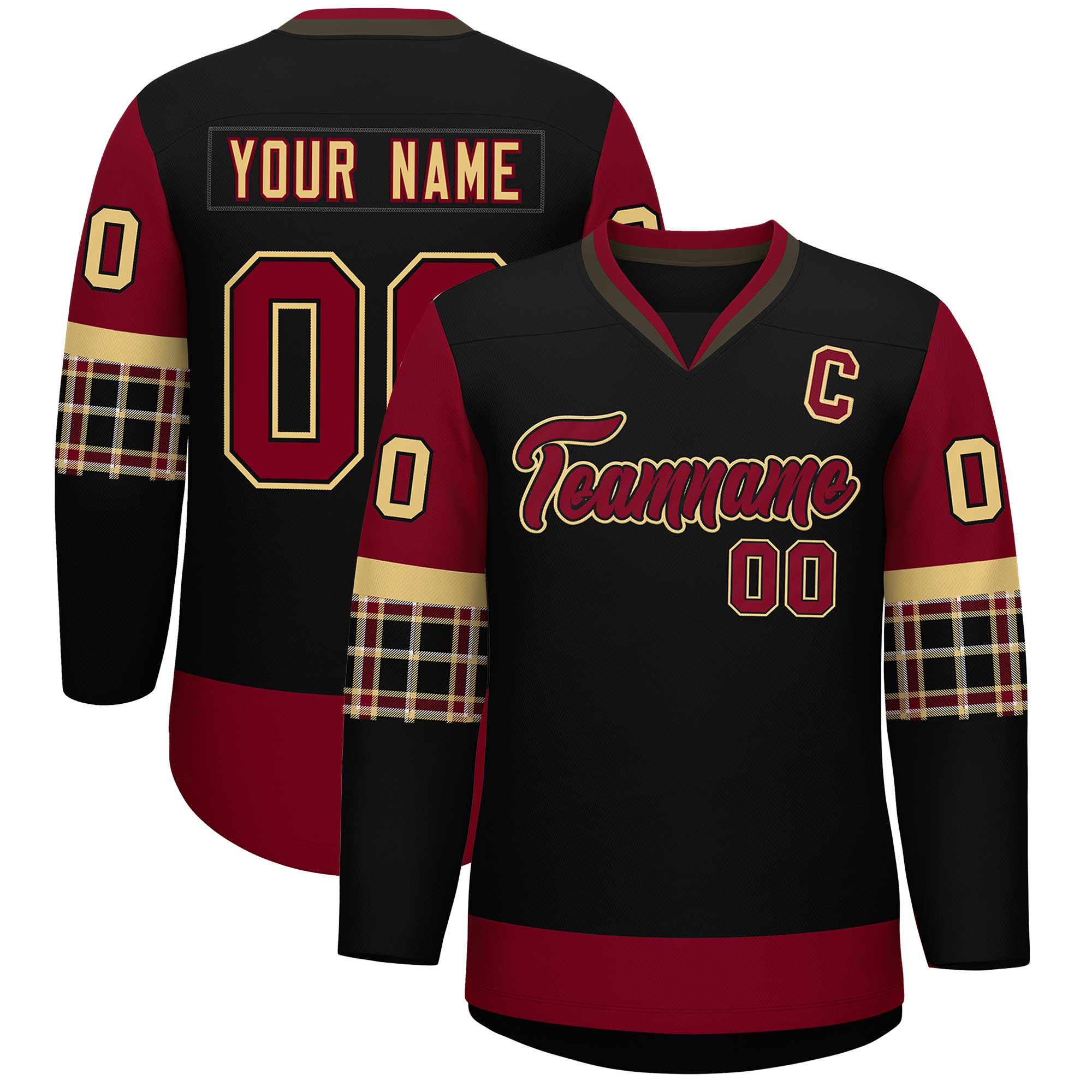 Custom Black Crimson-Khaki Personalized Raglan Sleeves V-Neck Hockey Jersey