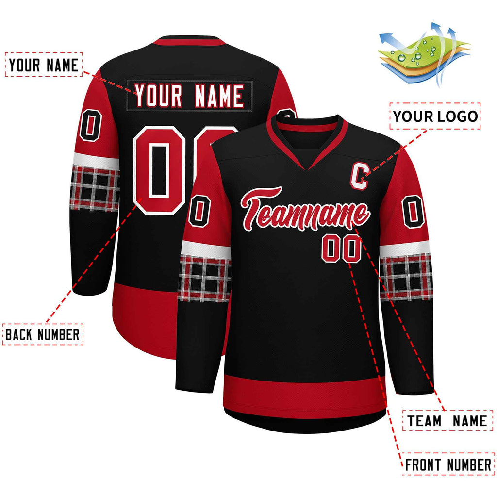 Custom Black Red-White Personalized Raglan Sleeves V-Neck Hockey Jersey
