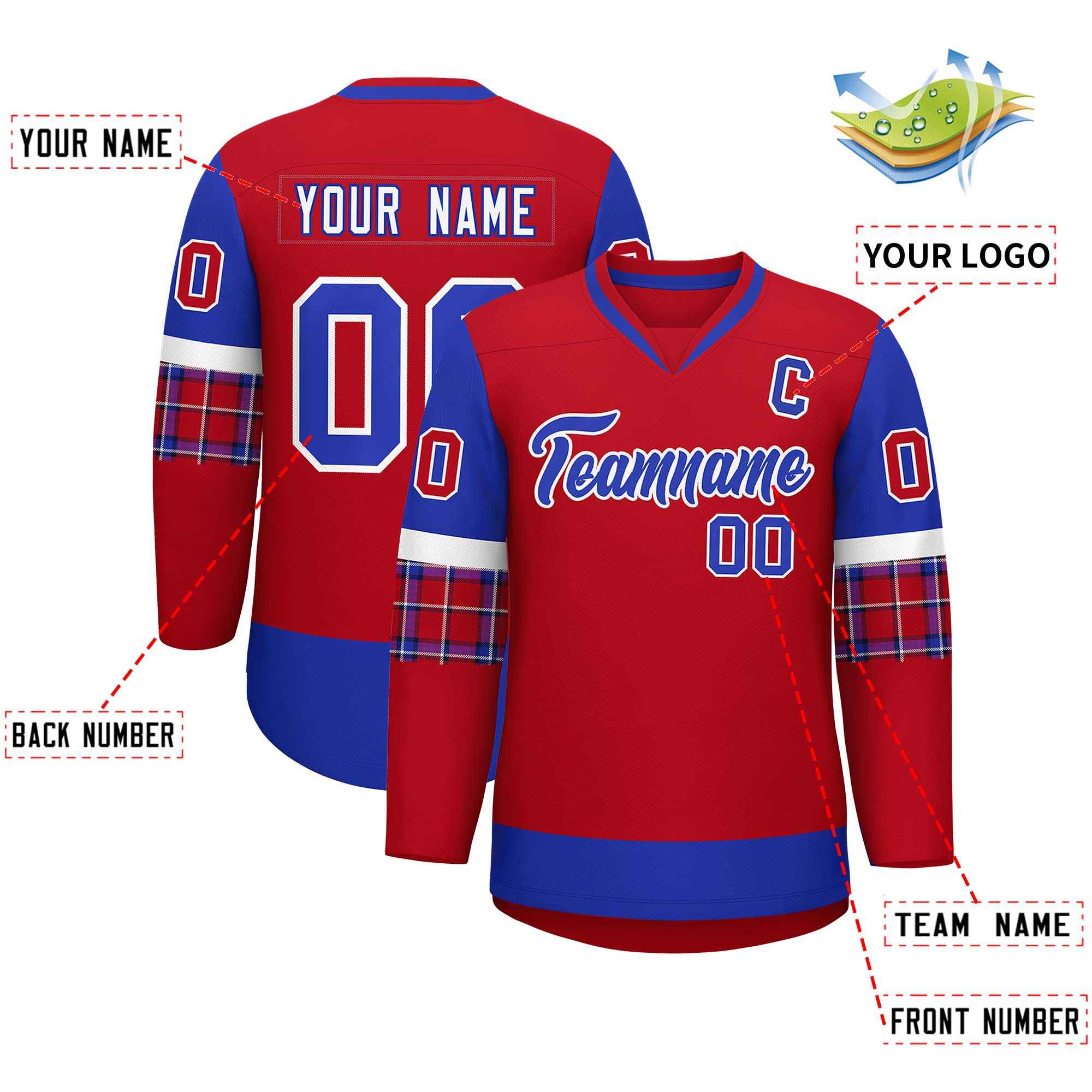 Custom Red Royal-White Personalized Raglan Sleeves V-Neck Hockey Jersey