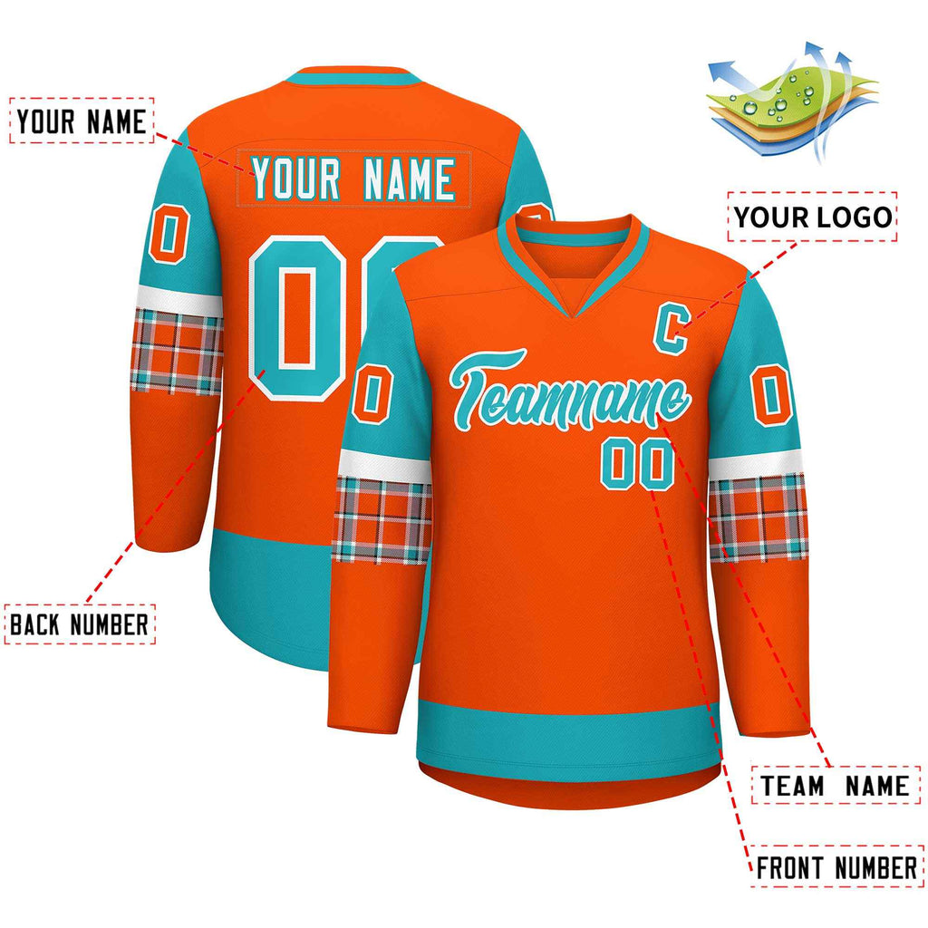 Custom Orange Aqua-White Personalized Raglan Sleeves V-Neck Hockey Jersey