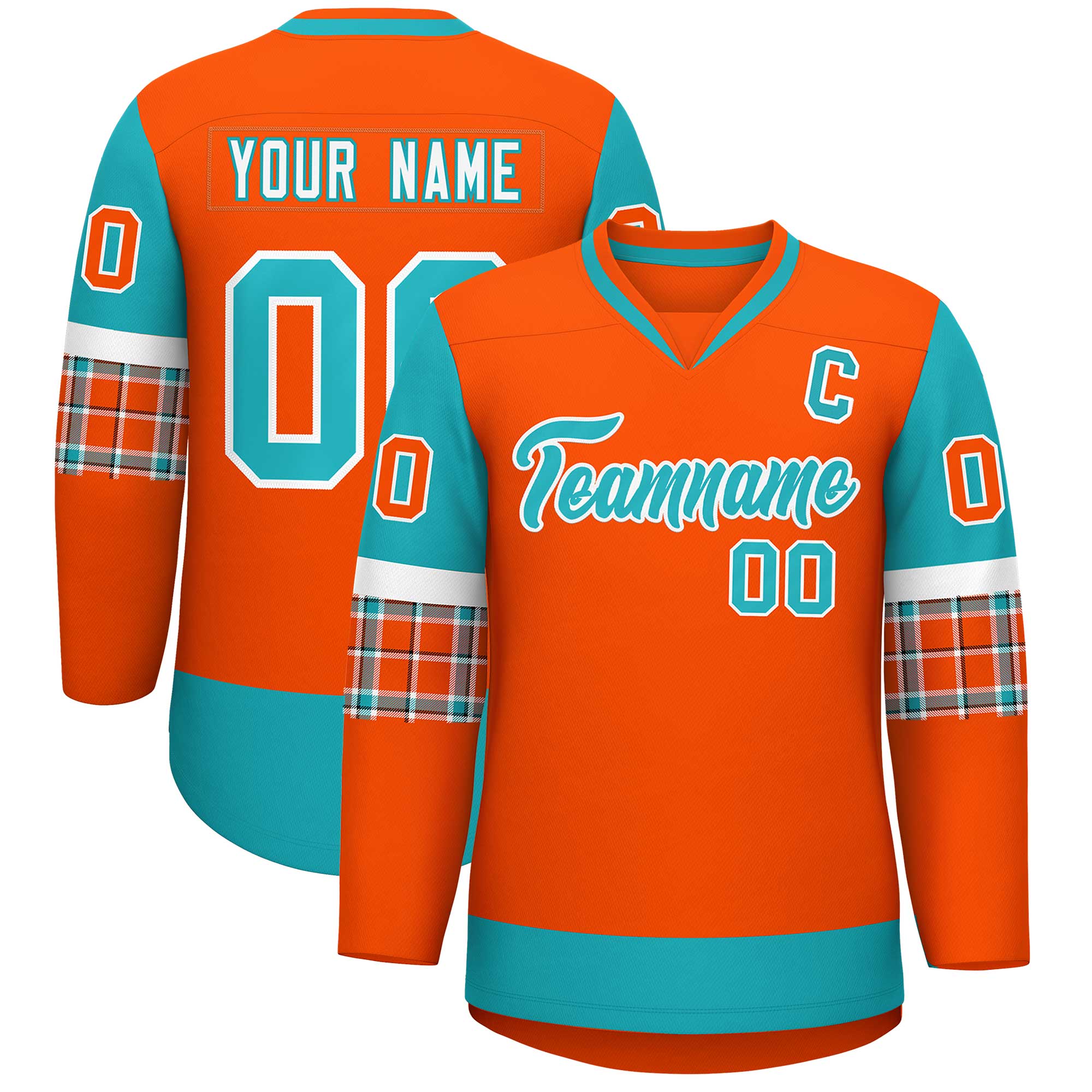 Custom Orange Aqua-White Personalized Raglan Sleeves V-Neck Hockey Jersey