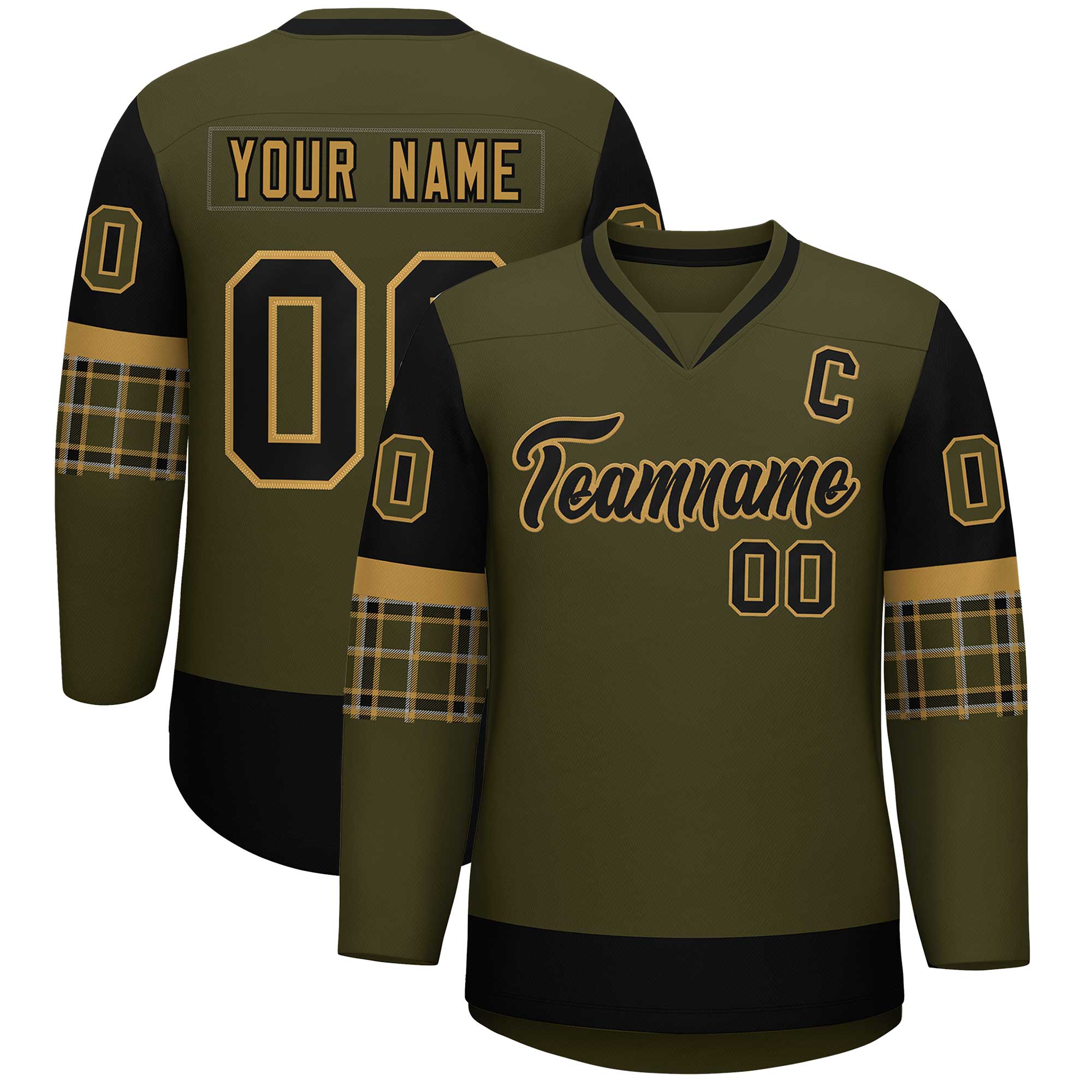 Custom Olive Black-Old Gold Personalized Raglan Sleeves V-Neck Hockey Jersey